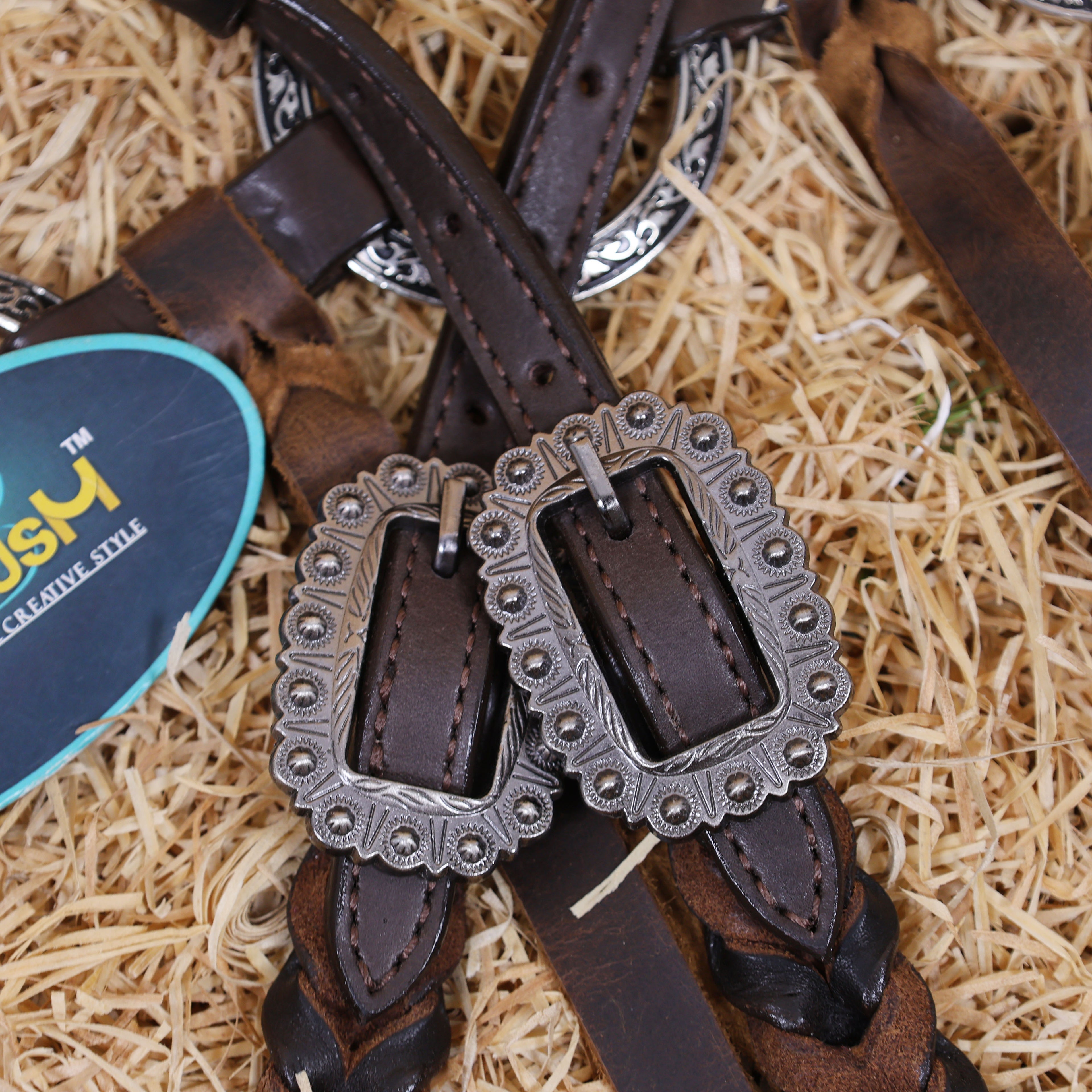 MOUSM Western Headstall With Gladiator-Style Breast Collar – Made From Argentina Cow Leather, Decorated With Engraved Metal Rings, Black & White Checkered Pattern, Leather-Braided One-Ear And Cheek Piece With Roping, And All Antique Nickel Hardware