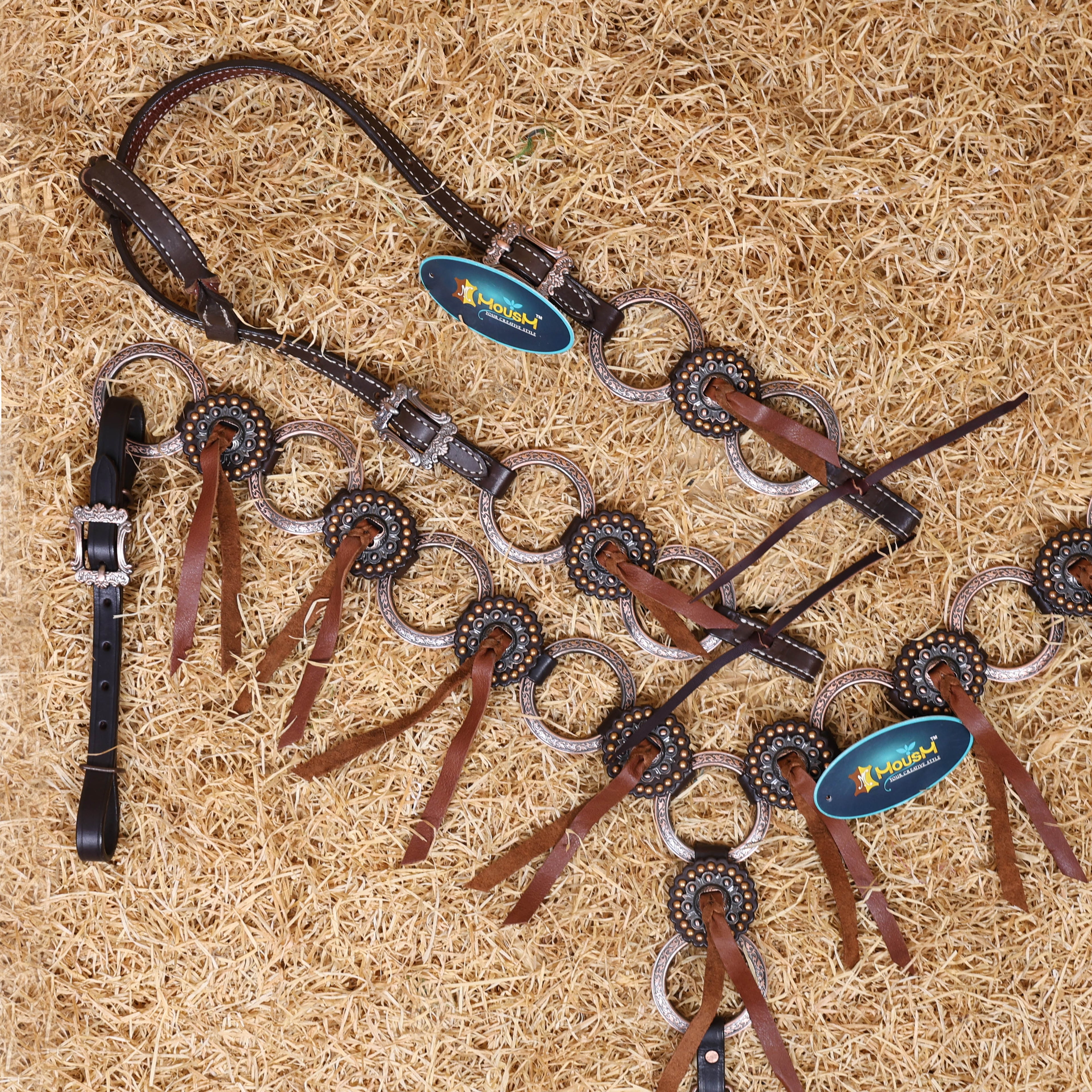 MOUSM Western Ring Headstall and Breast Collar Set – Handcrafted from Argentina Cowhide Leather, One-Ear Headstall with Twisted Cheek Piece & Leather Fringe, Decorated with Congress Conchos Finished with Antique Copper Hardware