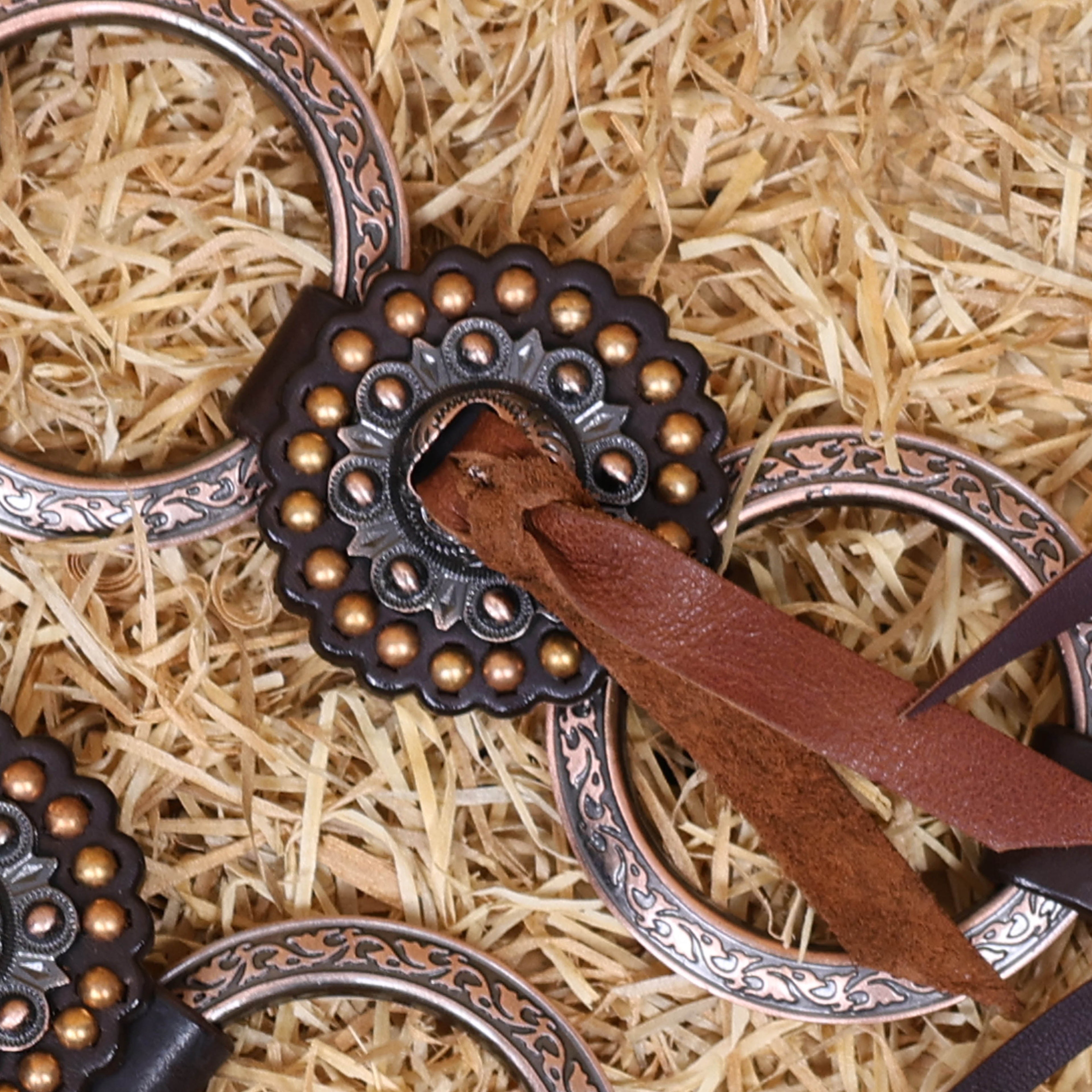 MOUSM Western Ring Headstall and Breast Collar Set – Handcrafted from Argentina Cowhide Leather, One-Ear Headstall with Twisted Cheek Piece & Leather Fringe, Decorated with Congress Conchos Finished with Antique Copper Hardware