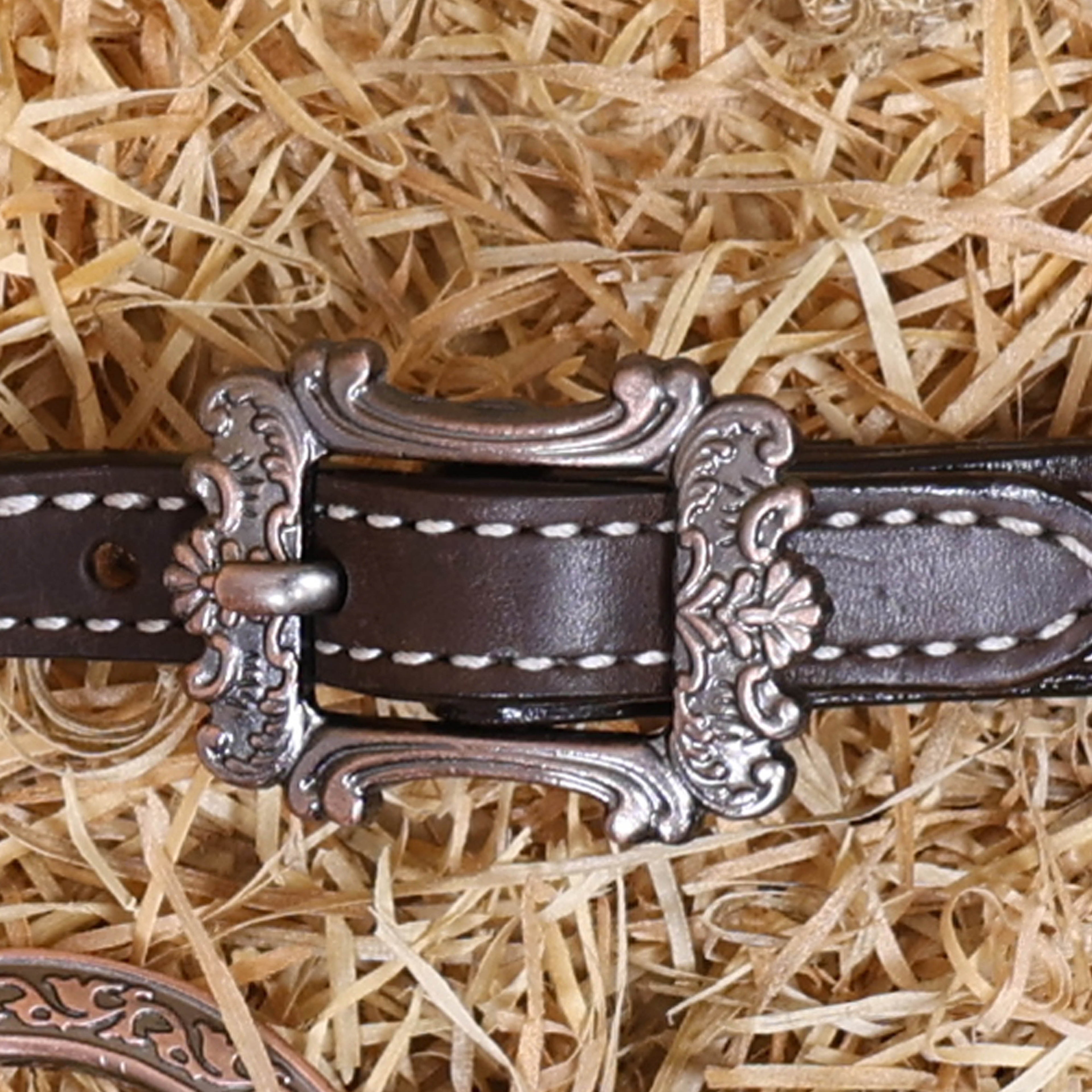 MOUSM Western Ring Headstall and Breast Collar Set – Handcrafted from Argentina Cowhide Leather, One-Ear Headstall with Twisted Cheek Piece & Leather Fringe, Decorated with Congress Conchos Finished with Antique Copper Hardware