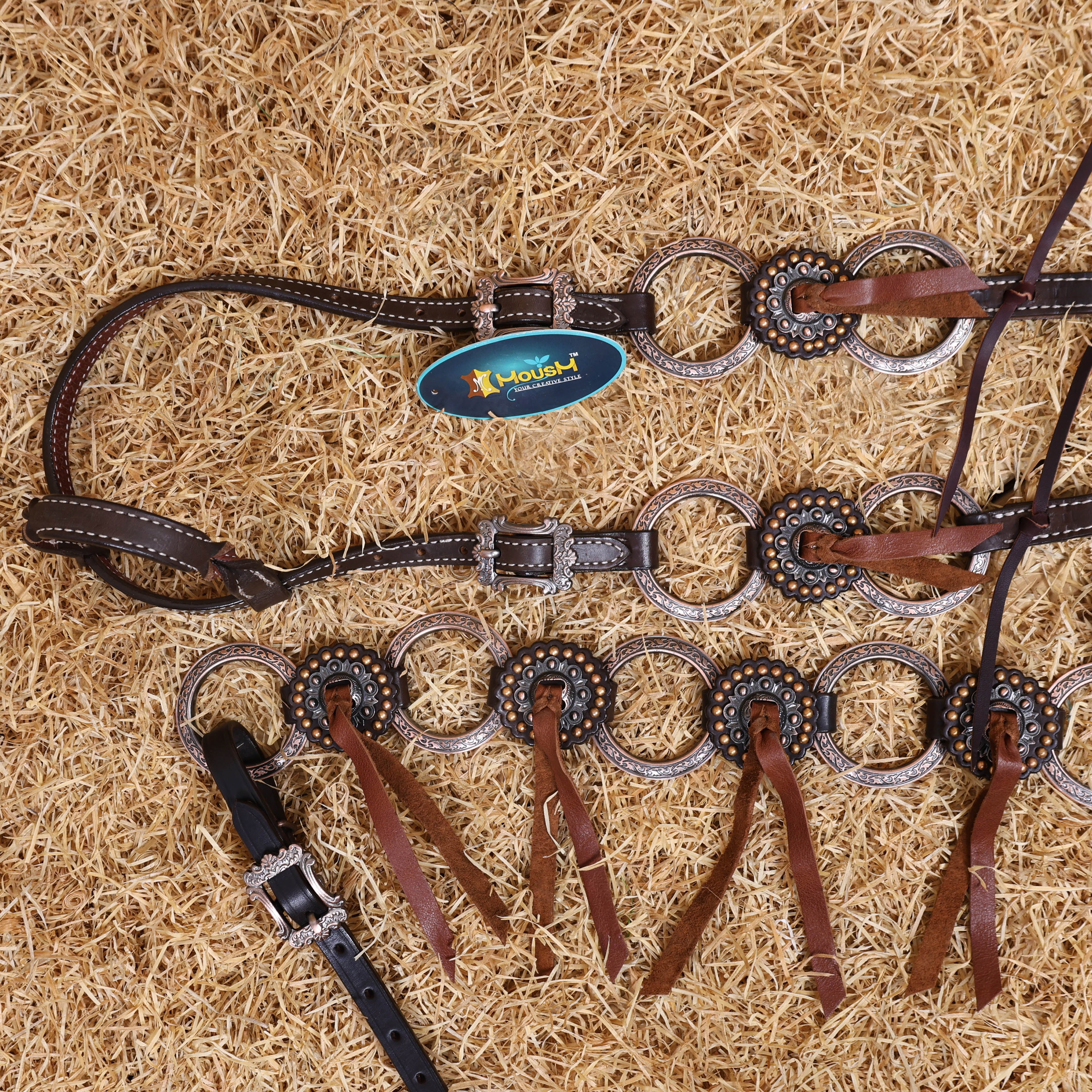 MOUSM Western Ring Headstall and Breast Collar Set – Handcrafted from Argentina Cowhide Leather, One-Ear Headstall with Twisted Cheek Piece & Leather Fringe, Decorated with Congress Conchos Finished with Antique Copper Hardware