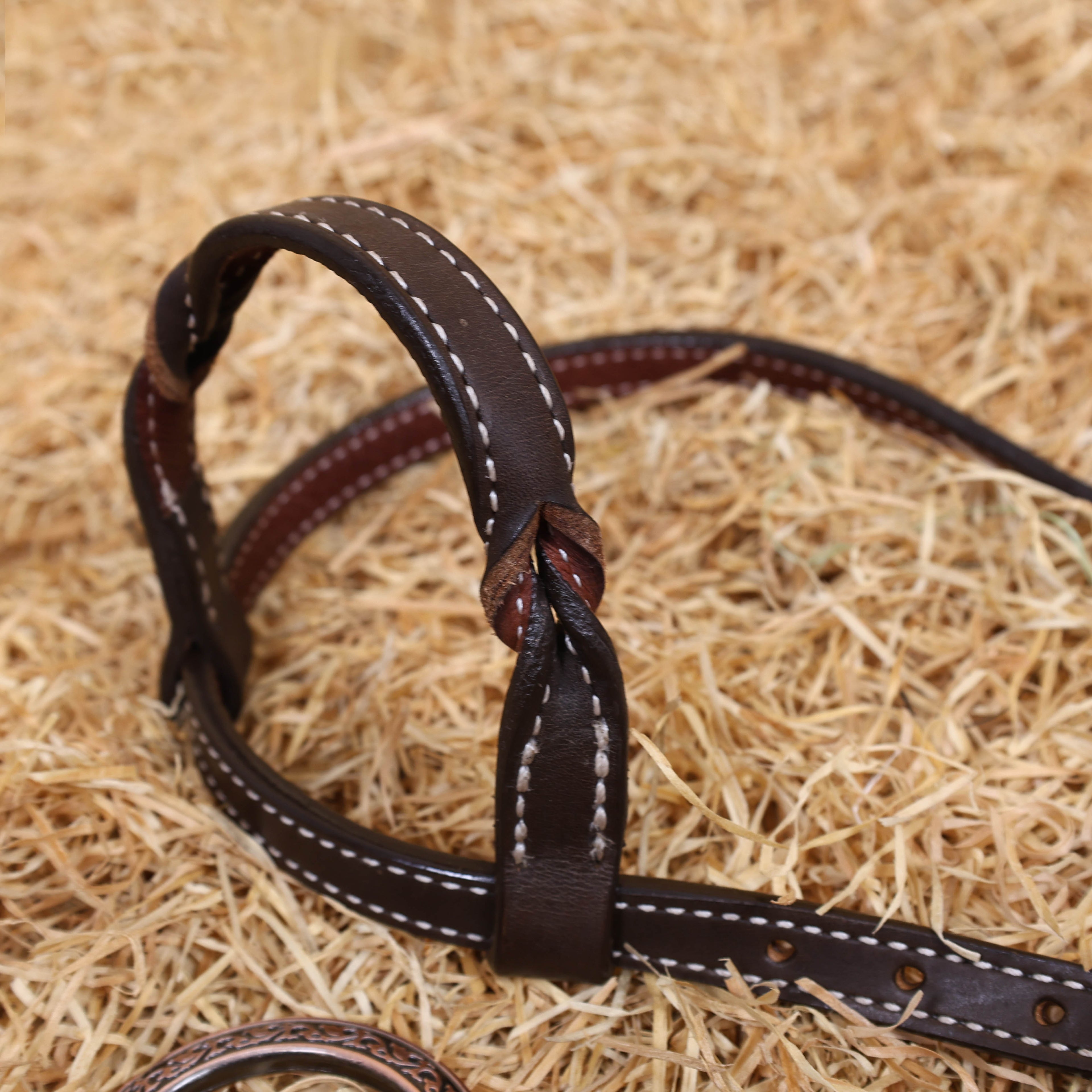 MOUSM Western Ring Headstall and Breast Collar Set – Handcrafted from Argentina Cowhide Leather, One-Ear Headstall with Twisted Cheek Piece & Leather Fringe, Decorated with Congress Conchos Finished with Antique Copper Hardware