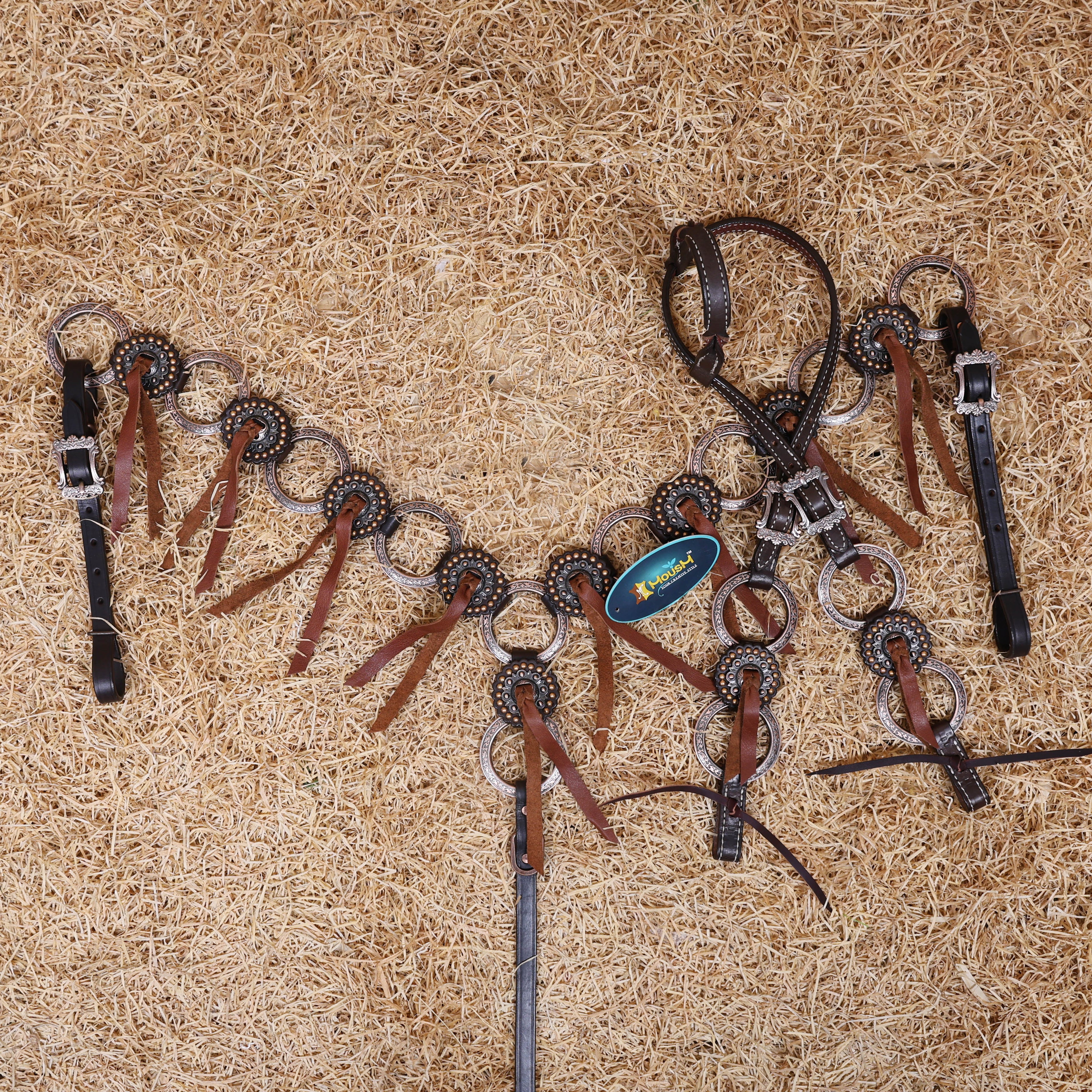 MOUSM Western Ring Headstall and Breast Collar Set – Handcrafted from Argentina Cowhide Leather, One-Ear Headstall with Twisted Cheek Piece & Leather Fringe, Decorated with Congress Conchos Finished with Antique Copper Hardware