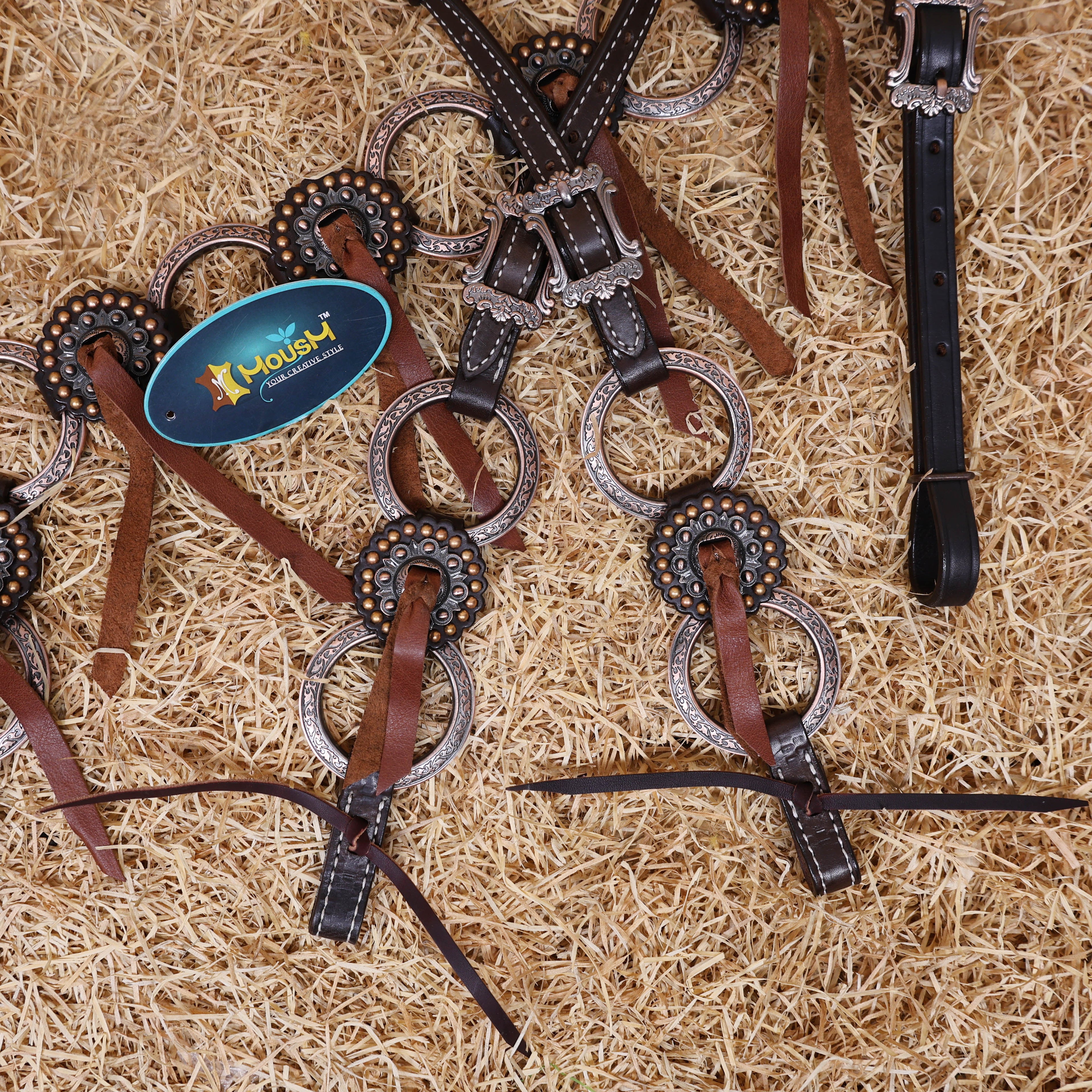 MOUSM Western Ring Headstall and Breast Collar Set – Handcrafted from Argentina Cowhide Leather, One-Ear Headstall with Twisted Cheek Piece & Leather Fringe, Decorated with Congress Conchos Finished with Antique Copper Hardware