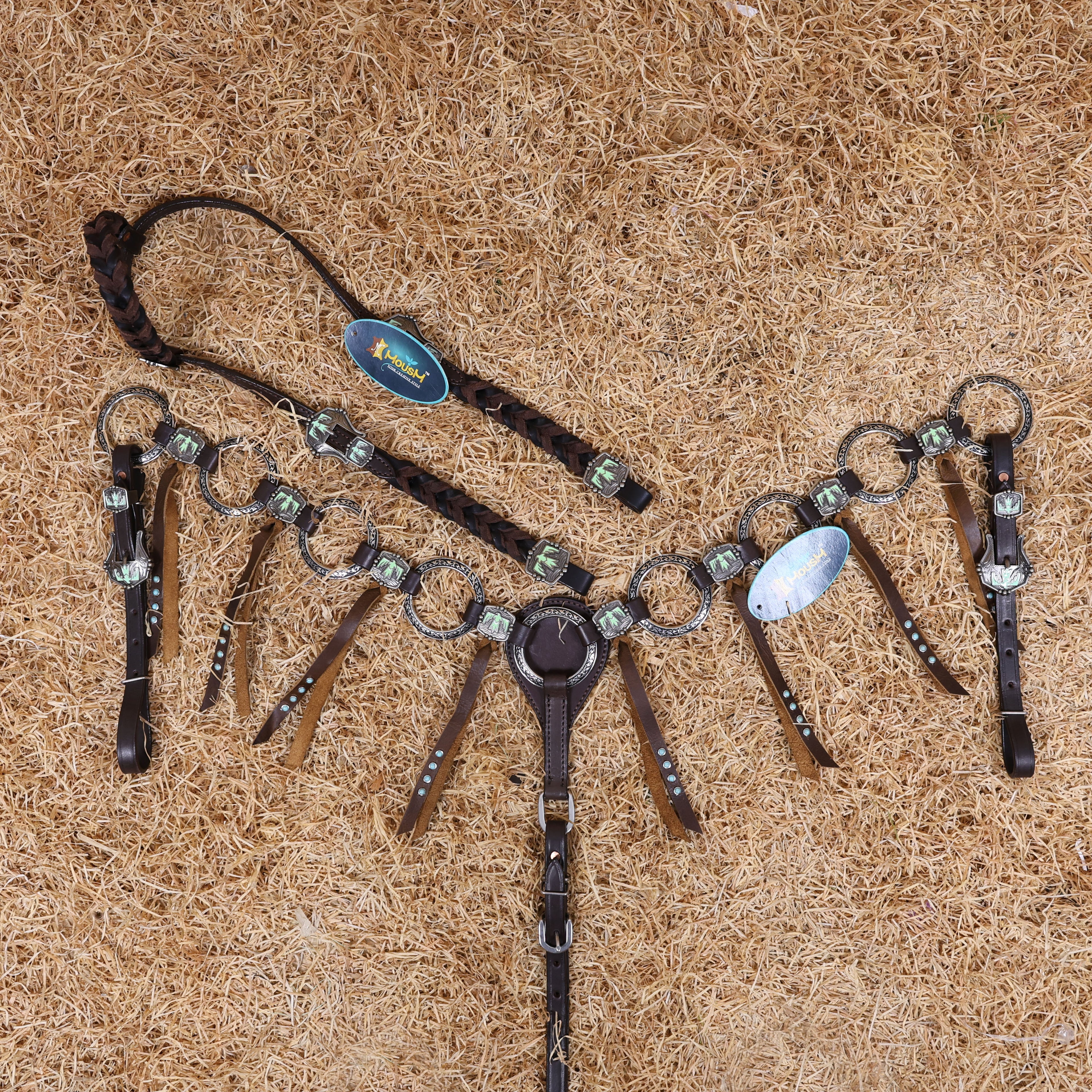 MOUSM Western Ring Headstall and Breast Collar Set – Handcrafted from Argentina Cowhide Leather, Featuring Twisted One-Ear Headstall, Leather Fringe With Turquoise Studs, Decorated With Thunderbird Conchos, and Finished with Antique Copper Hardware