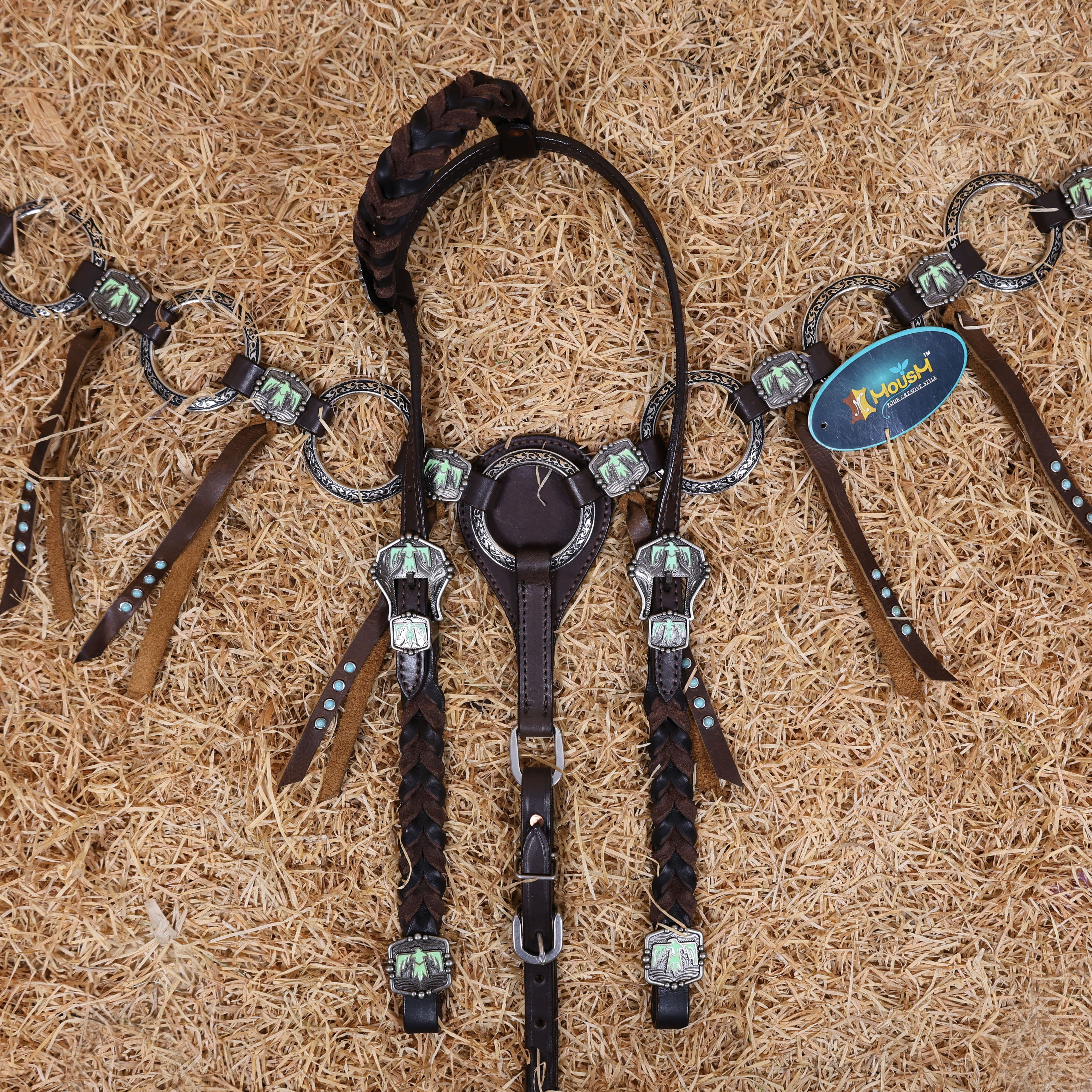MOUSM Western Ring Headstall and Breast Collar Set – Handcrafted from Argentina Cowhide Leather, Featuring Twisted One-Ear Headstall, Leather Fringe With Turquoise Studs, Decorated With Thunderbird Conchos, and Finished with Antique Copper Hardware