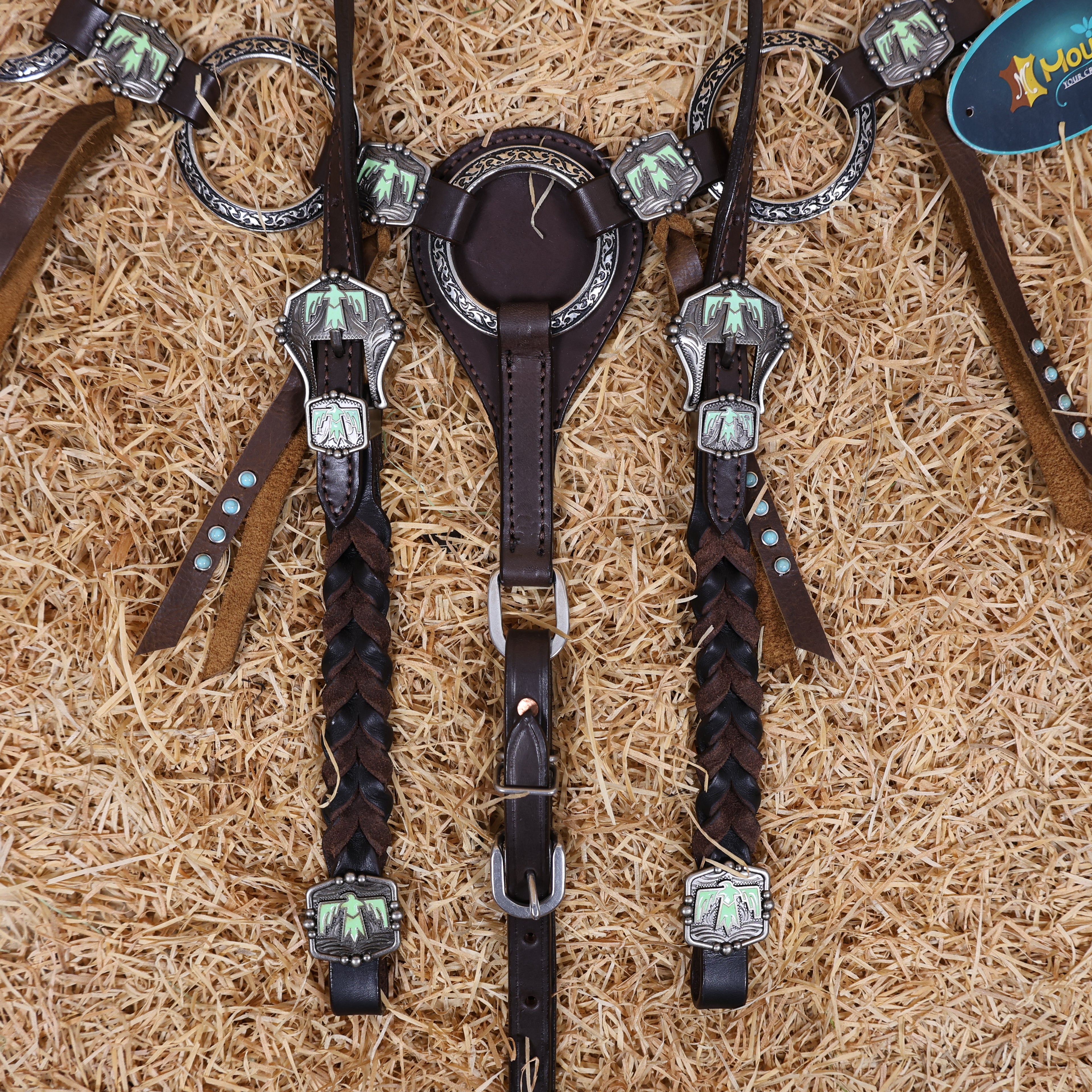 MOUSM Western Ring Headstall and Breast Collar Set – Handcrafted from Argentina Cowhide Leather, Featuring Twisted One-Ear Headstall, Leather Fringe With Turquoise Studs, Decorated With Thunderbird Conchos, and Finished with Antique Copper Hardware