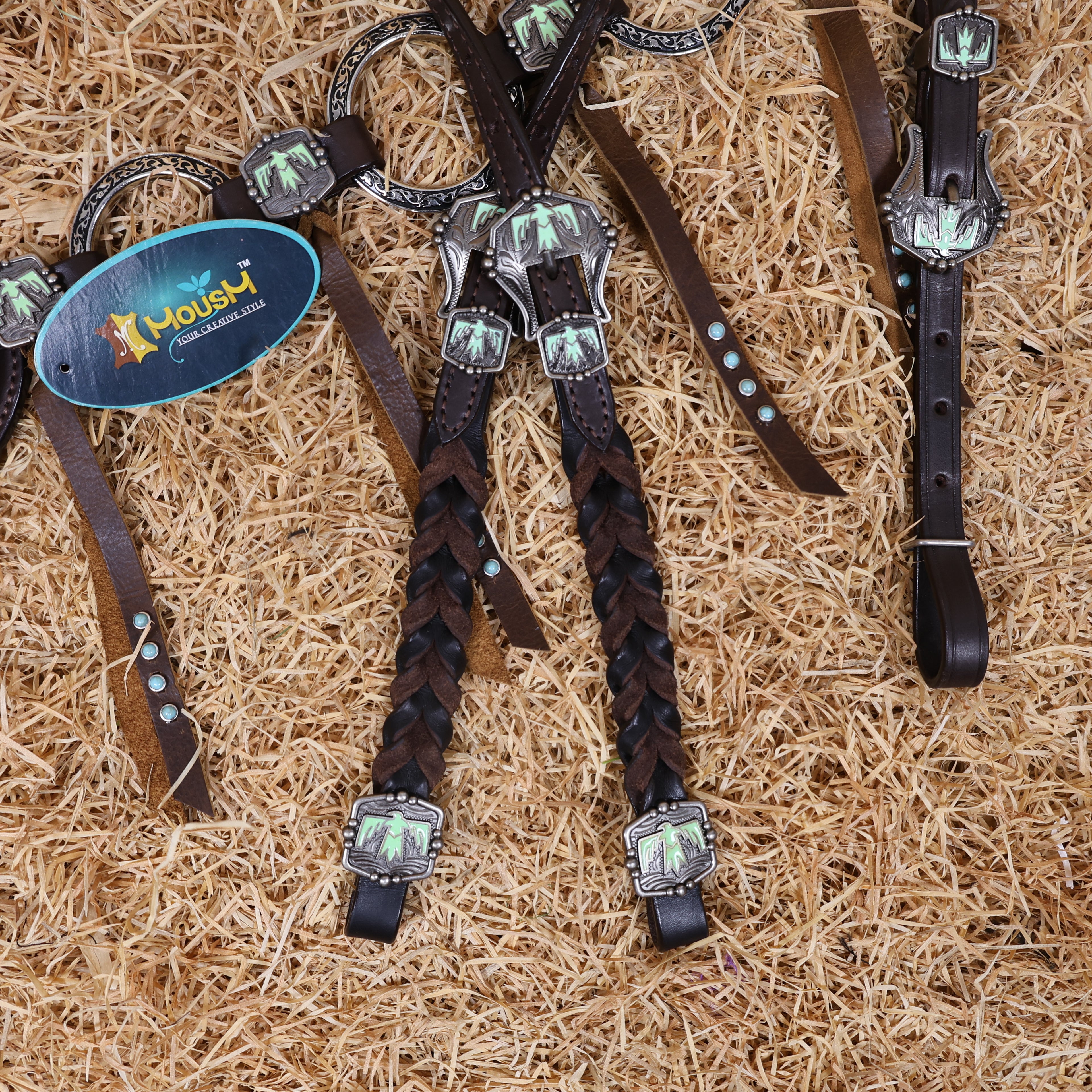 MOUSM Western Ring Headstall and Breast Collar Set – Handcrafted from Argentina Cowhide Leather, Featuring Twisted One-Ear Headstall, Leather Fringe With Turquoise Studs, Decorated With Thunderbird Conchos, and Finished with Antique Copper Hardware
