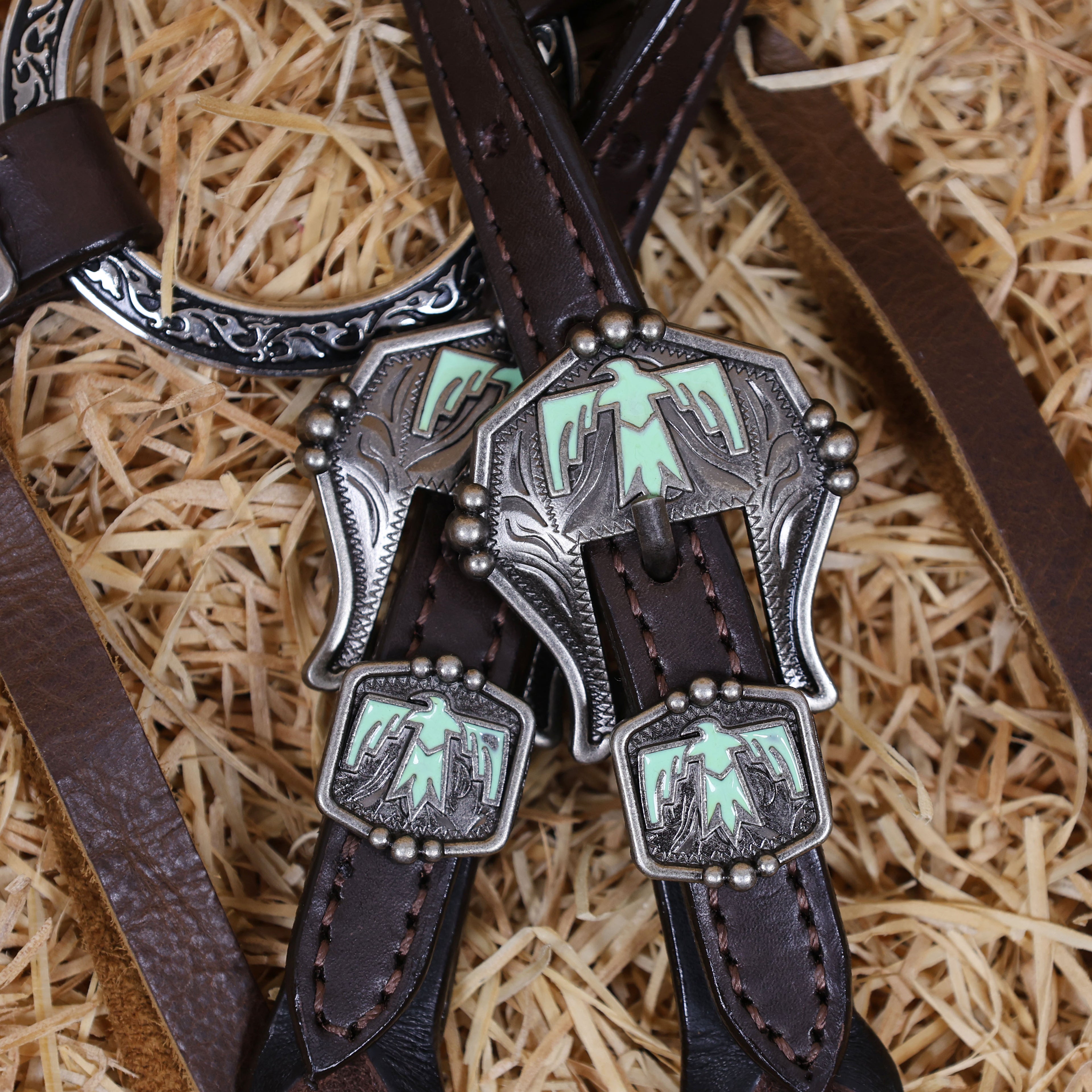 MOUSM Western Ring Headstall and Breast Collar Set – Handcrafted from Argentina Cowhide Leather, Featuring Twisted One-Ear Headstall, Leather Fringe With Turquoise Studs, Decorated With Thunderbird Conchos, and Finished with Antique Copper Hardware