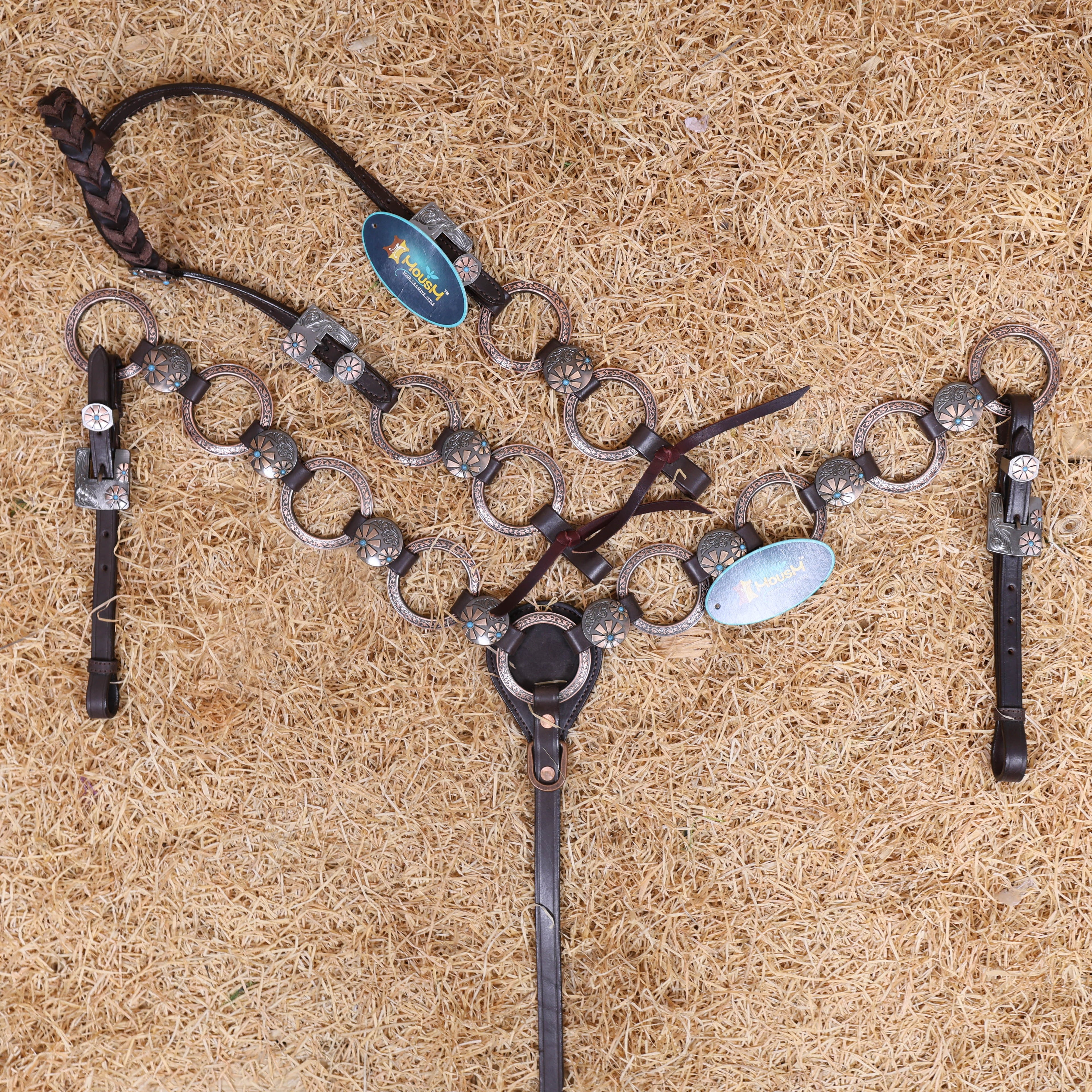 MOUSM Western Ring Headstall and Breast Collar Set – Handcrafted from Argentina Cowhide Leather, Twisted One-Ear Headstall, Decorated with Two-Tone Flower Conchos with Turquoise Stones, and Antique Copper Hardware