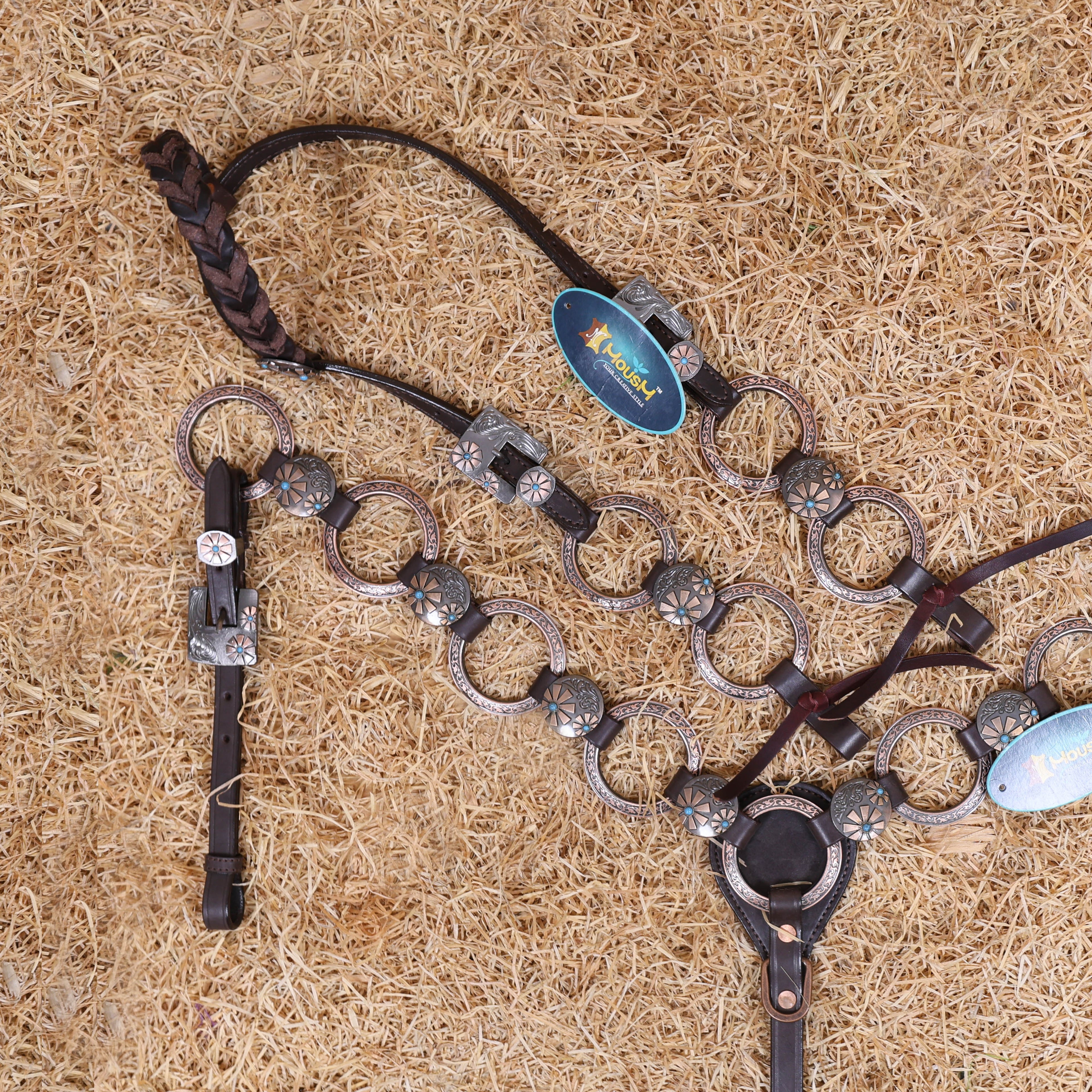 MOUSM Western Ring Headstall and Breast Collar Set – Handcrafted from Argentina Cowhide Leather, Twisted One-Ear Headstall, Decorated with Two-Tone Flower Conchos with Turquoise Stones, and Antique Copper Hardware