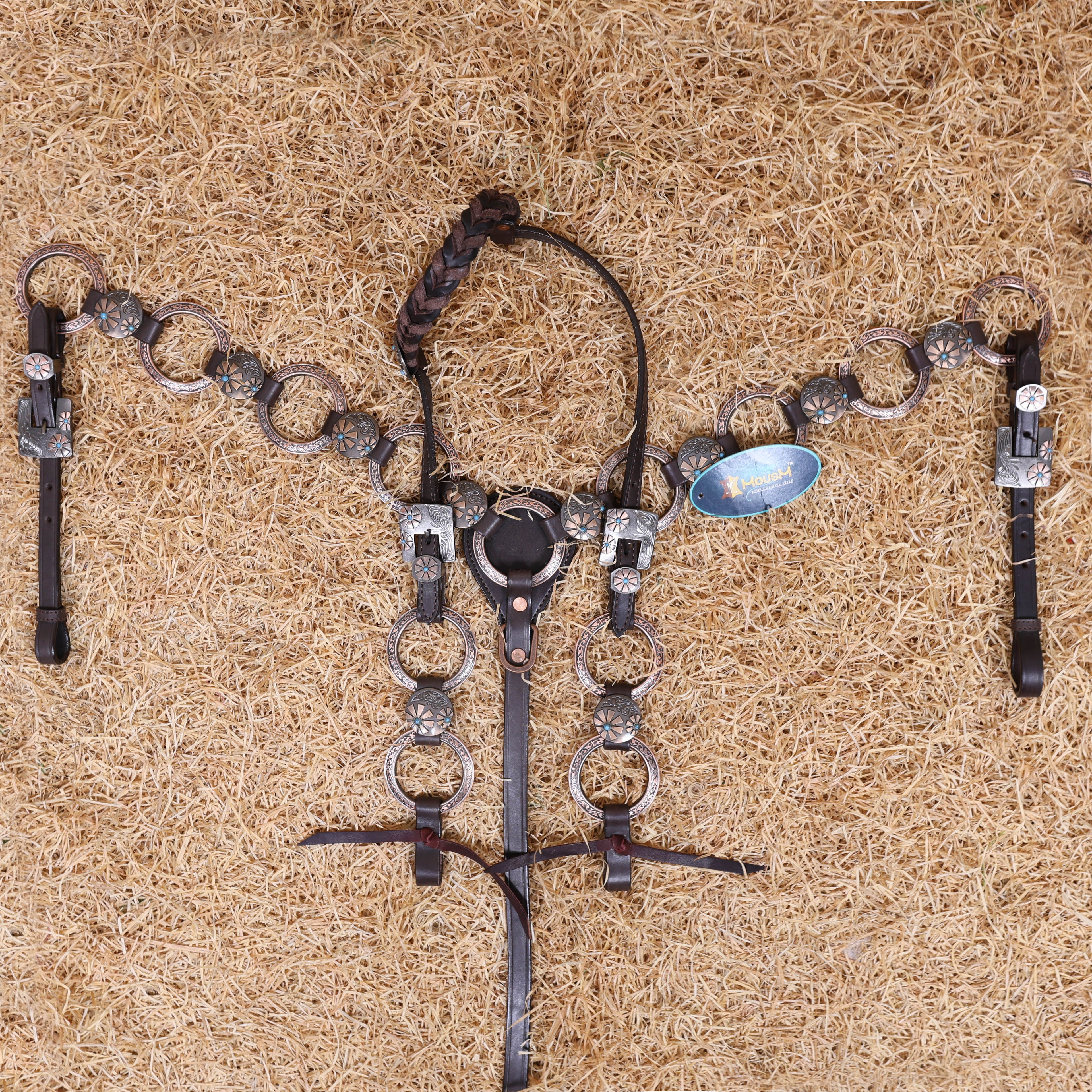MOUSM Western Ring Headstall and Breast Collar Set – Handcrafted from Argentina Cowhide Leather, Twisted One-Ear Headstall, Decorated with Two-Tone Flower Conchos with Turquoise Stones, and Antique Copper Hardware