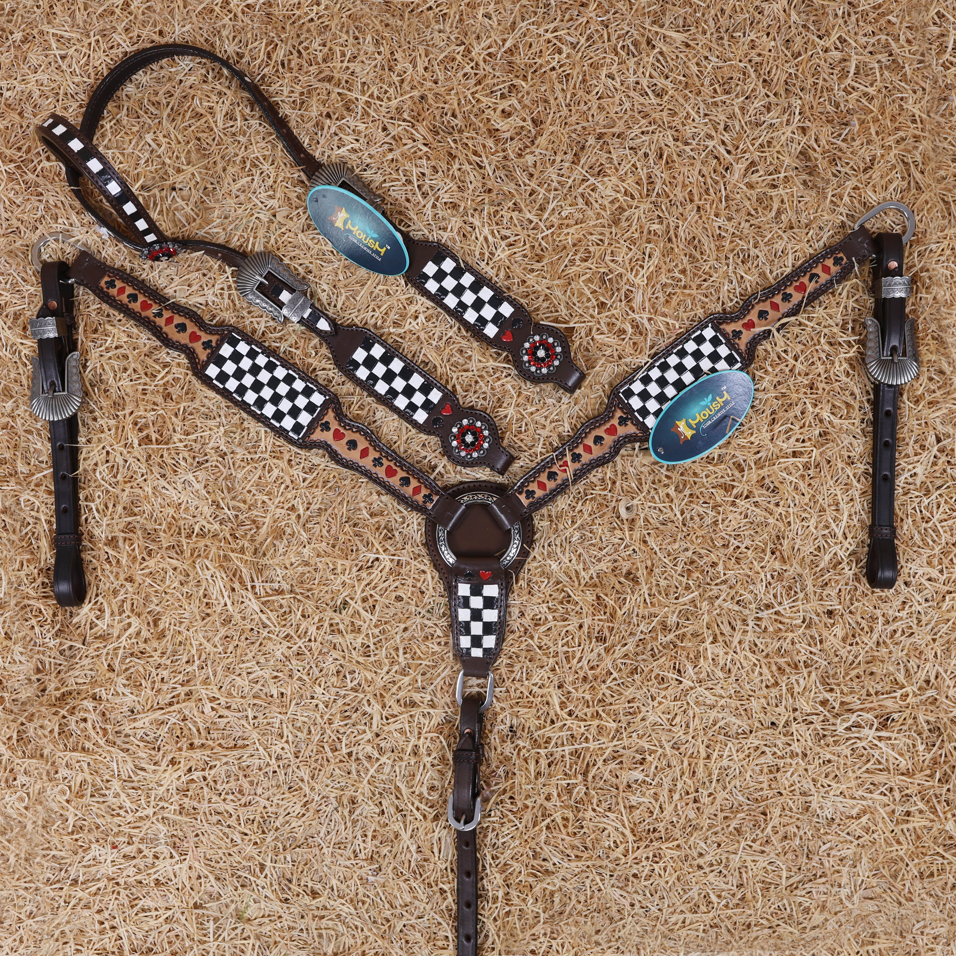 MOUSM One Ear Headstall and Breast Collar Set – Made from Argentina Cow Leather Decorated with Hand-Tooled Checkered Pattern with Painted Playing Card Symbols and Antique Nickel Hardware