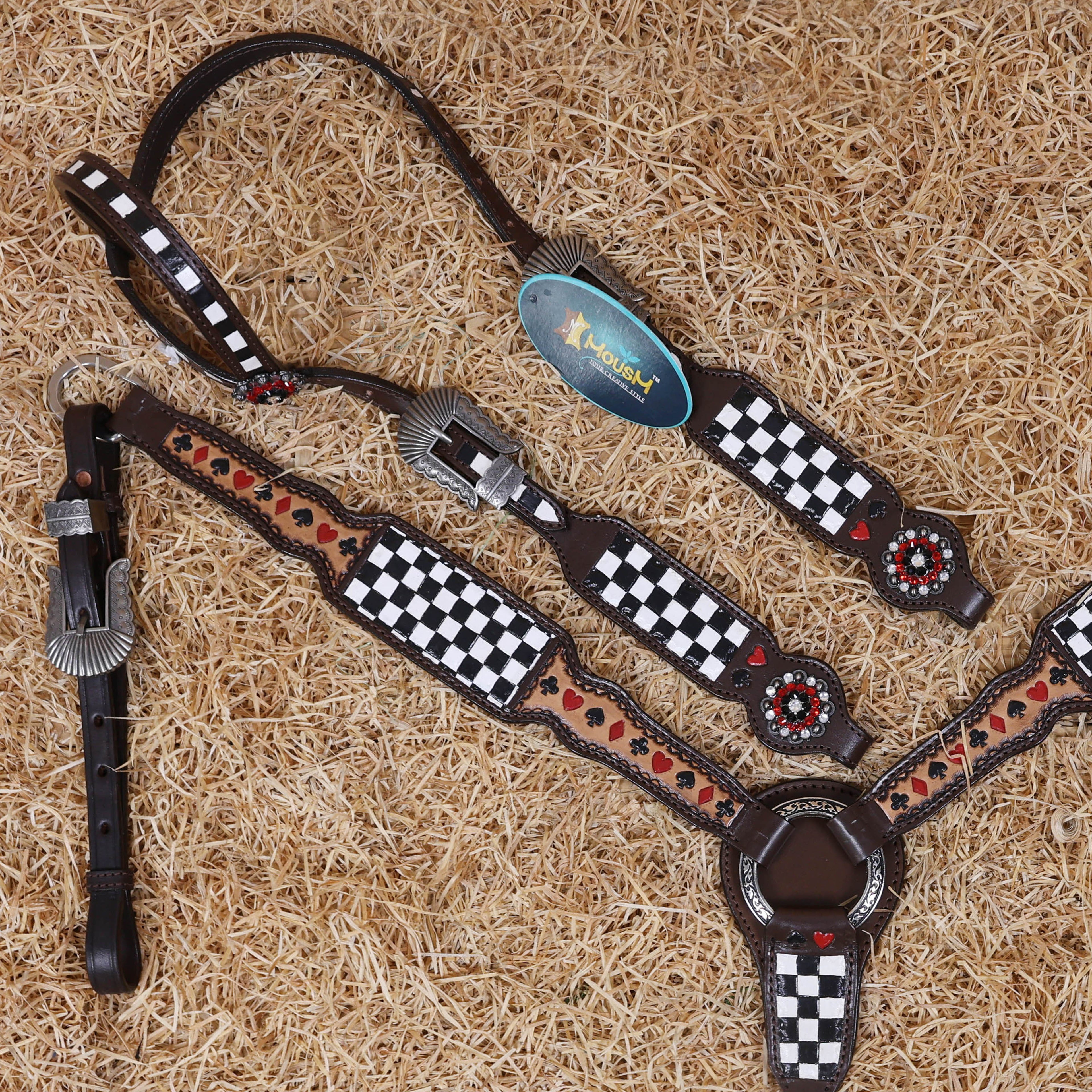 MOUSM One Ear Headstall and Breast Collar Set – Made from Argentina Cow Leather Decorated with Hand-Tooled Checkered Pattern with Painted Playing Card Symbols and Antique Nickel Hardware