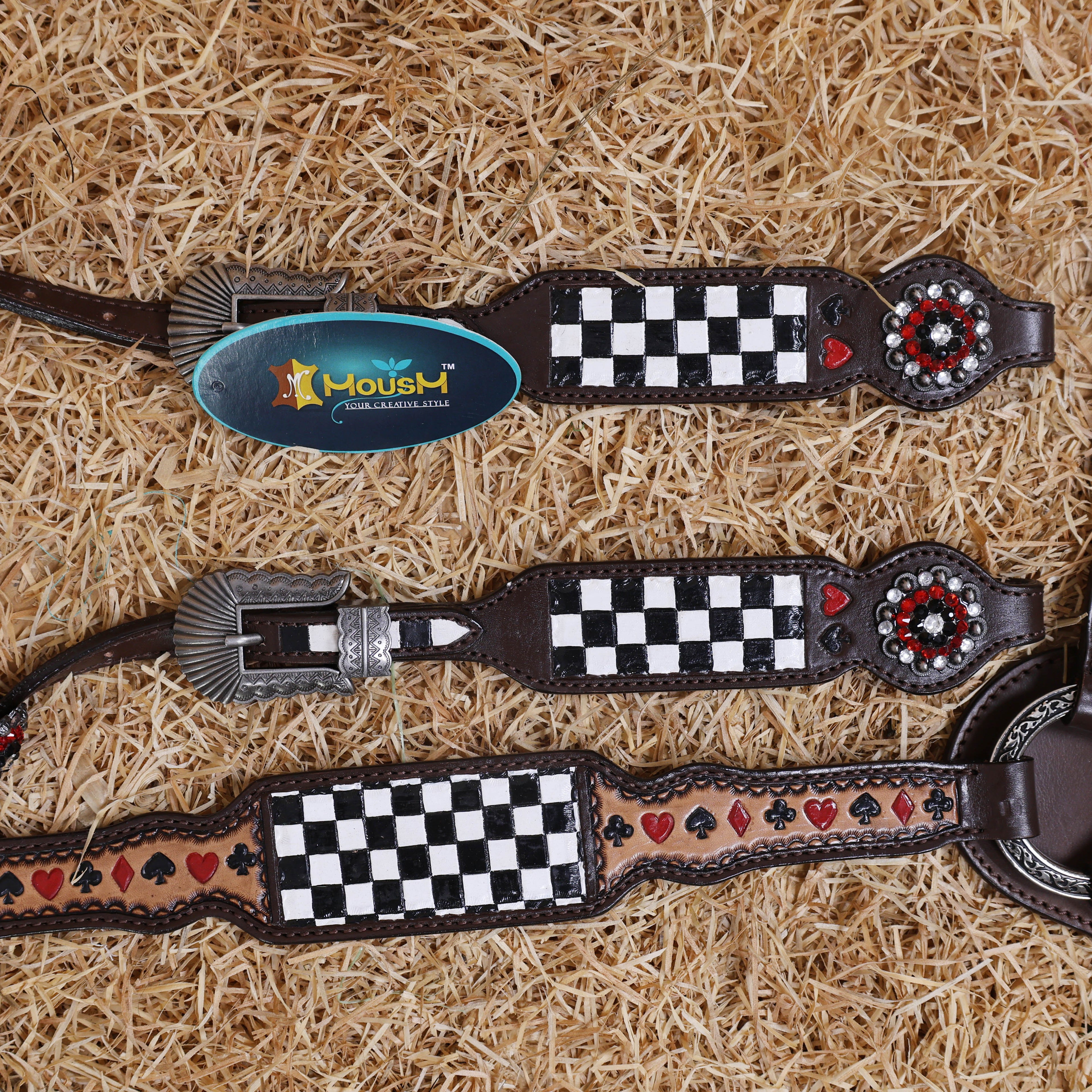 MOUSM One Ear Headstall and Breast Collar Set – Made from Argentina Cow Leather Decorated with Hand-Tooled Checkered Pattern with Painted Playing Card Symbols and Antique Nickel Hardware