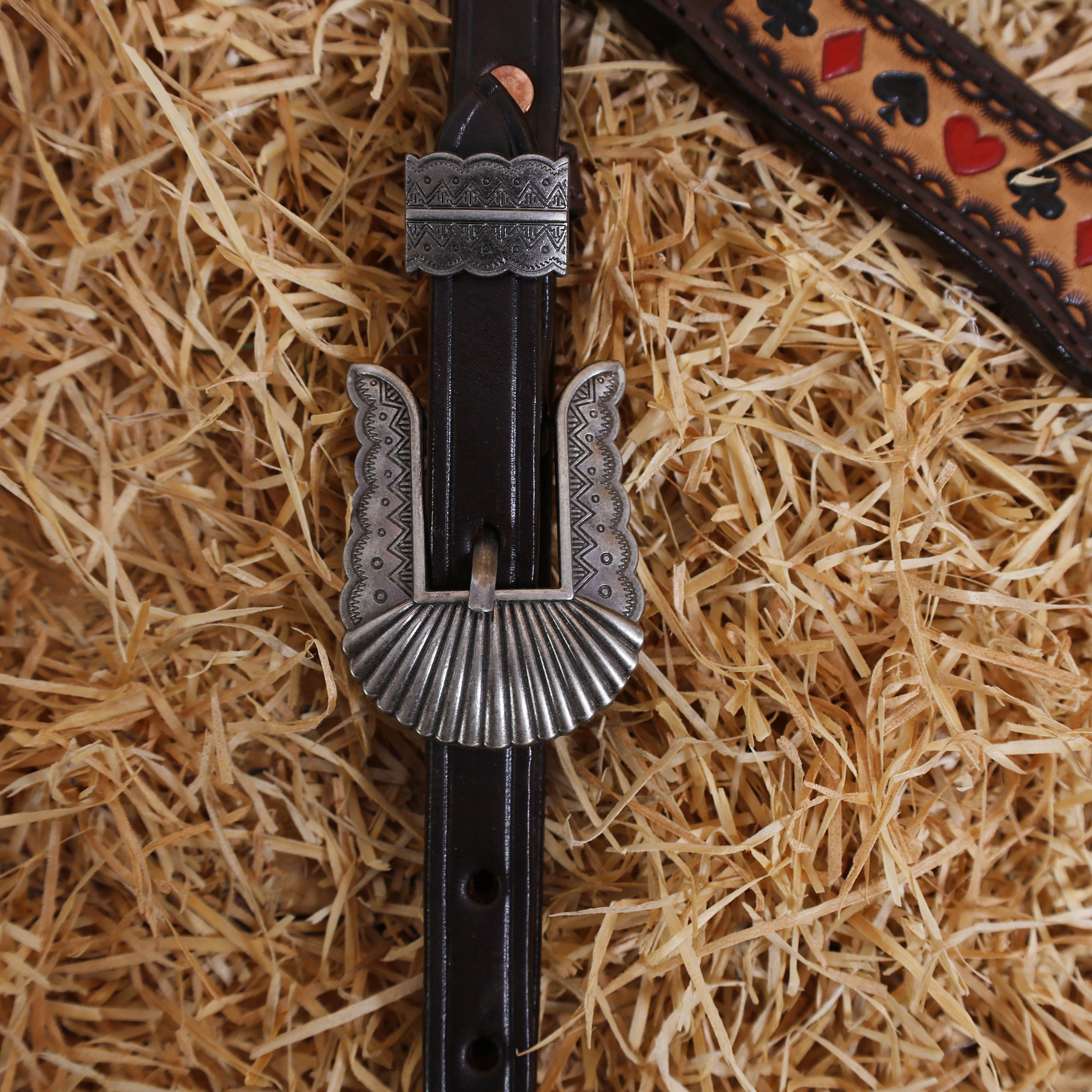 MOUSM One Ear Headstall and Breast Collar Set – Made from Argentina Cow Leather Decorated with Hand-Tooled Checkered Pattern with Painted Playing Card Symbols and Antique Nickel Hardware