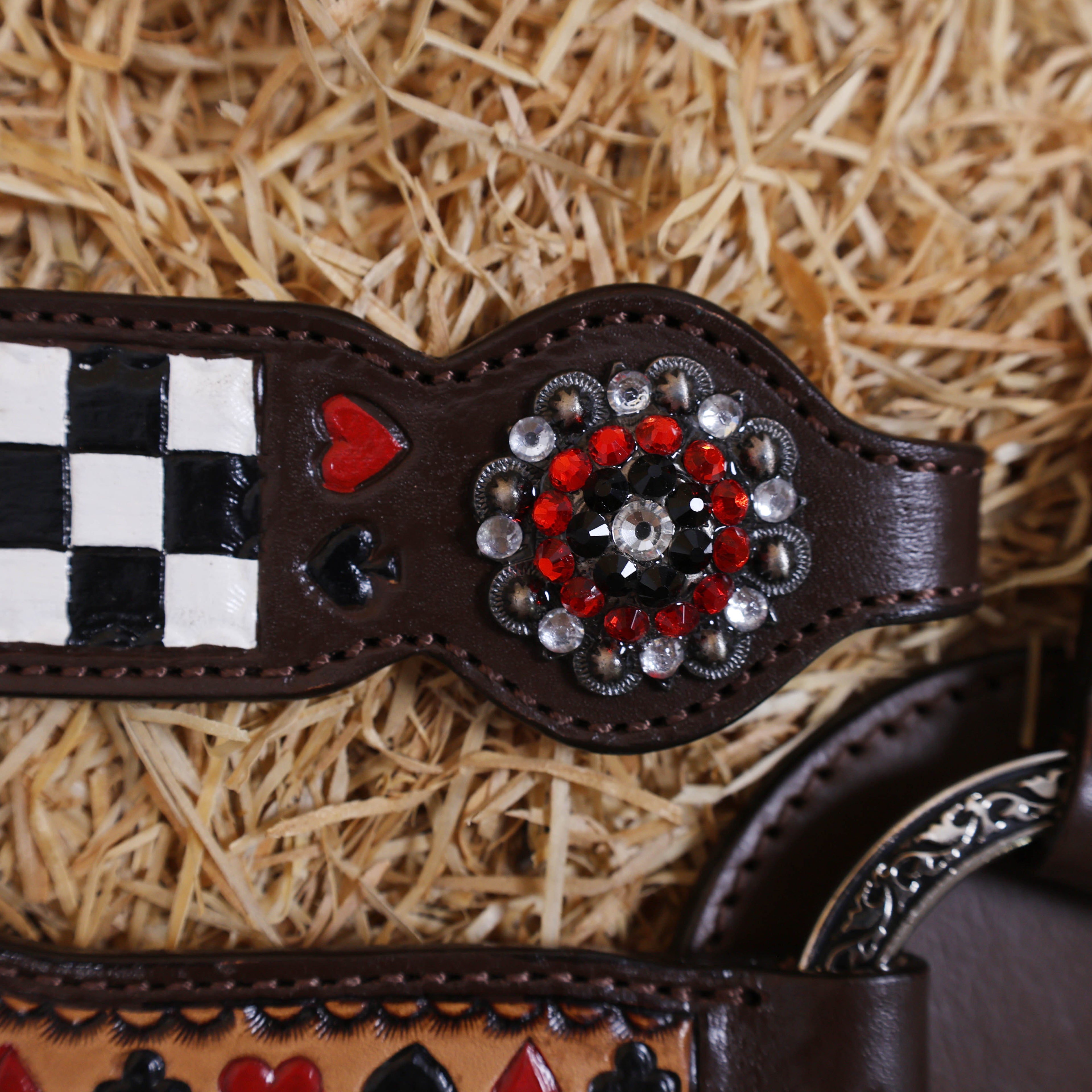 MOUSM One Ear Headstall and Breast Collar Set – Made from Argentina Cow Leather Decorated with Hand-Tooled Checkered Pattern with Painted Playing Card Symbols and Antique Nickel Hardware