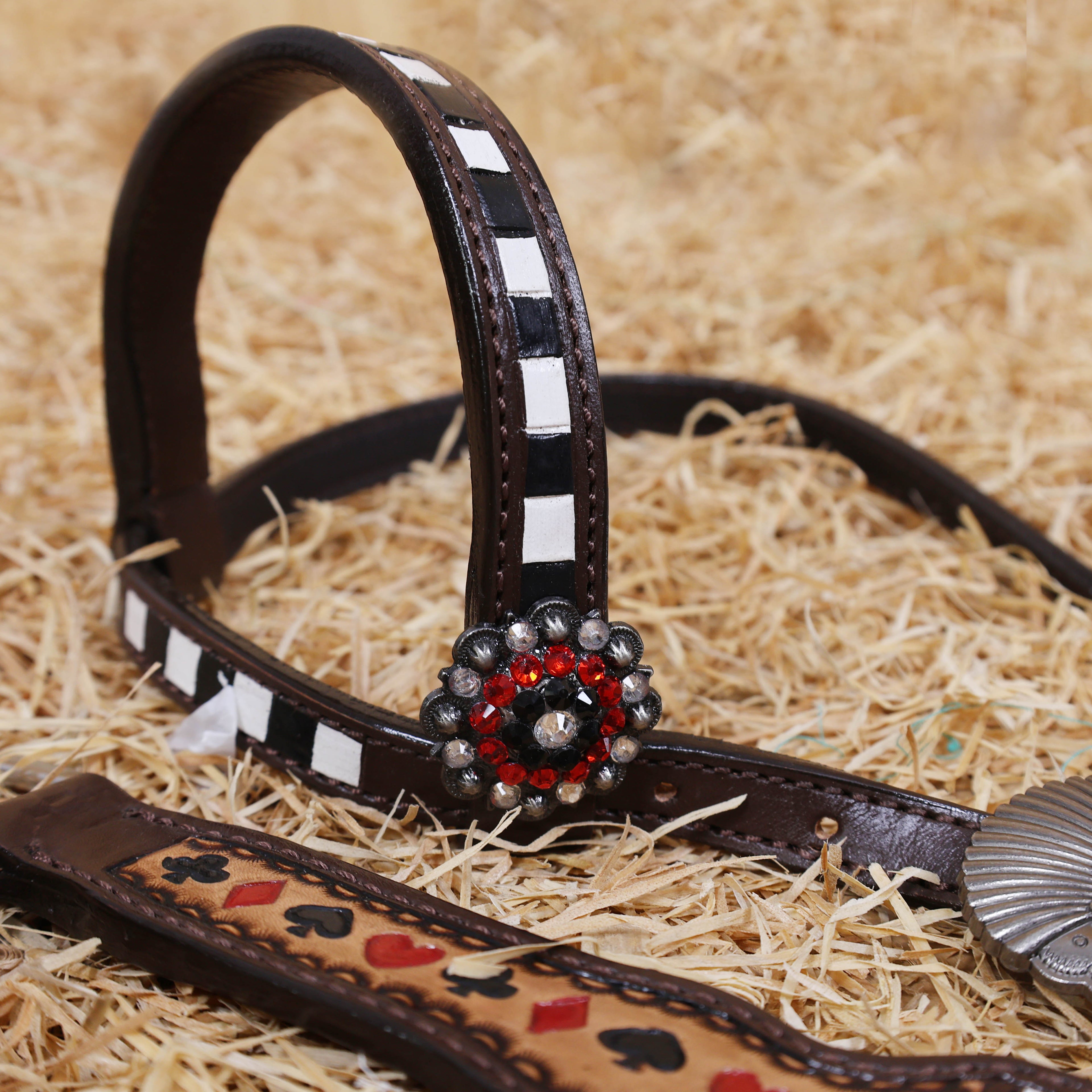 MOUSM One Ear Headstall and Breast Collar Set – Made from Argentina Cow Leather Decorated with Hand-Tooled Checkered Pattern with Painted Playing Card Symbols and Antique Nickel Hardware