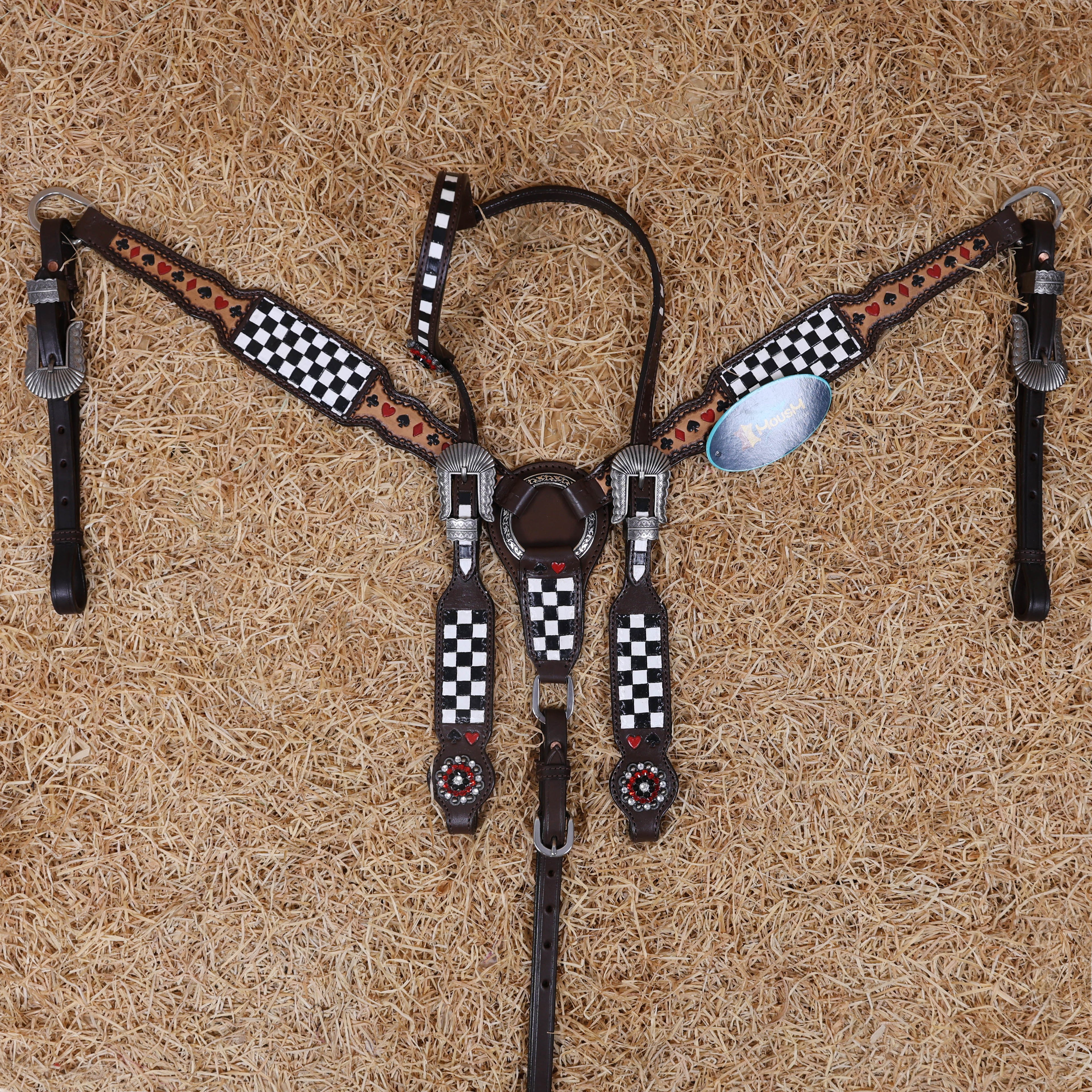 MOUSM One Ear Headstall and Breast Collar Set – Made from Argentina Cow Leather Decorated with Hand-Tooled Checkered Pattern with Painted Playing Card Symbols and Antique Nickel Hardware