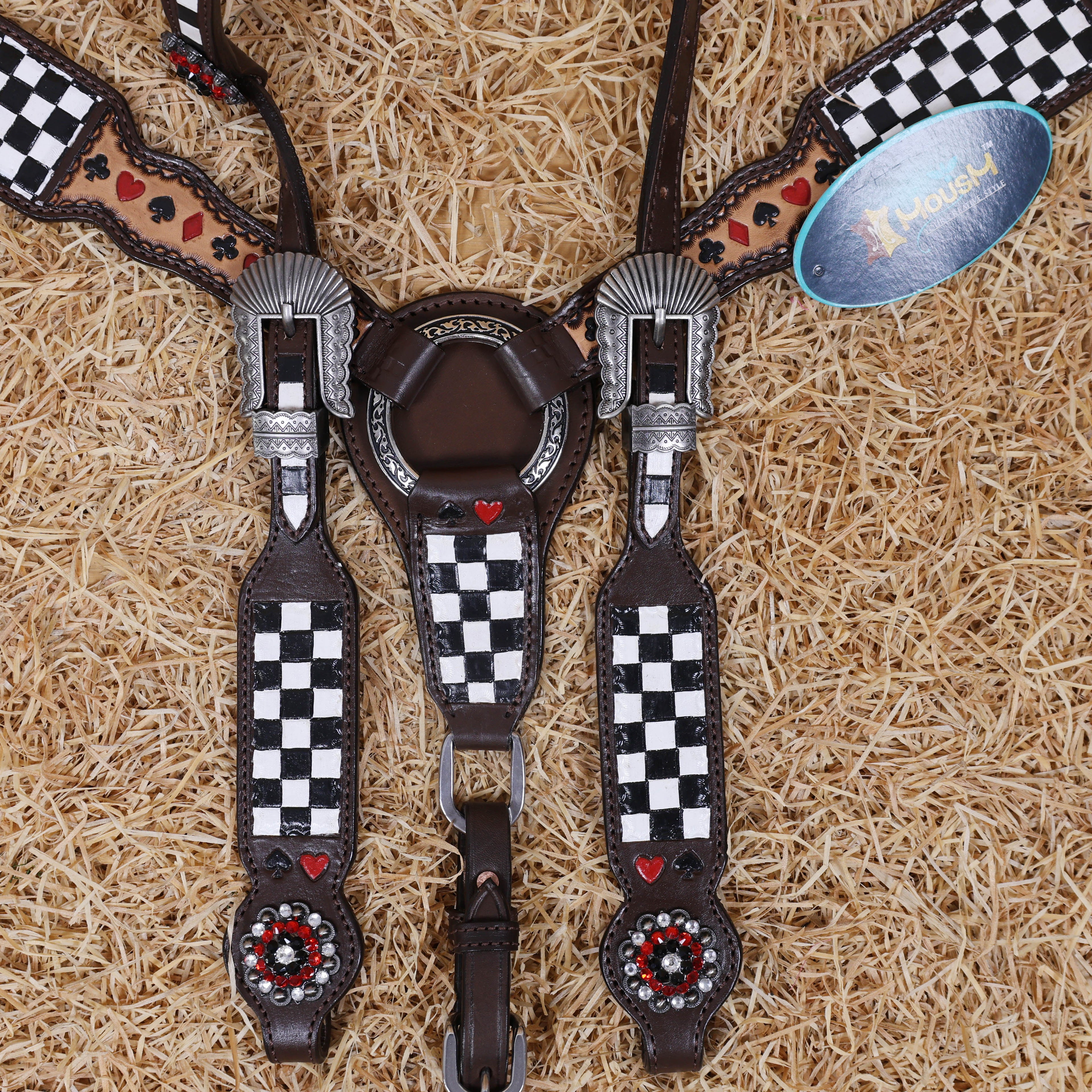 MOUSM One Ear Headstall and Breast Collar Set – Made from Argentina Cow Leather Decorated with Hand-Tooled Checkered Pattern with Painted Playing Card Symbols and Antique Nickel Hardware