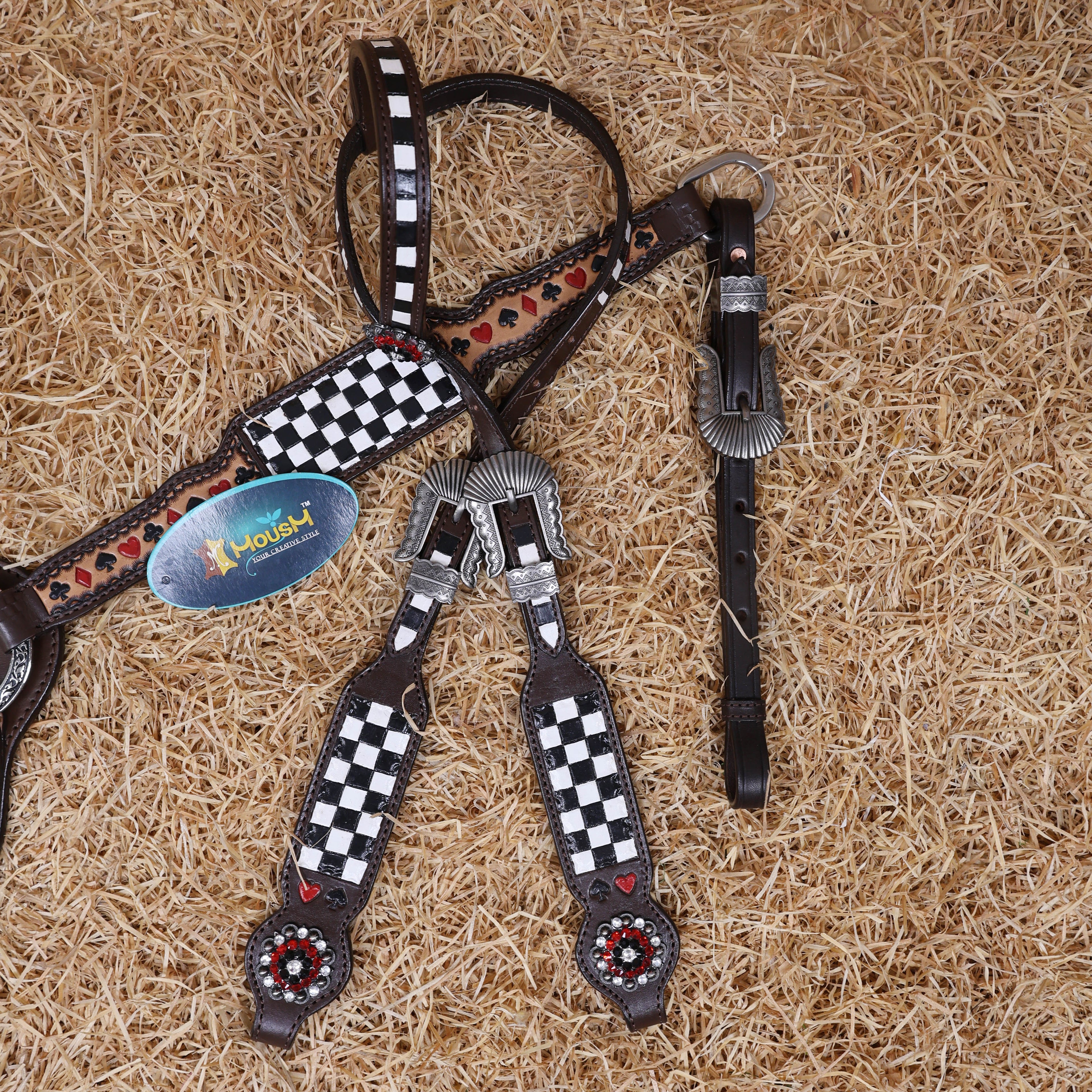 MOUSM One Ear Headstall and Breast Collar Set – Made from Argentina Cow Leather Decorated with Hand-Tooled Checkered Pattern with Painted Playing Card Symbols and Antique Nickel Hardware