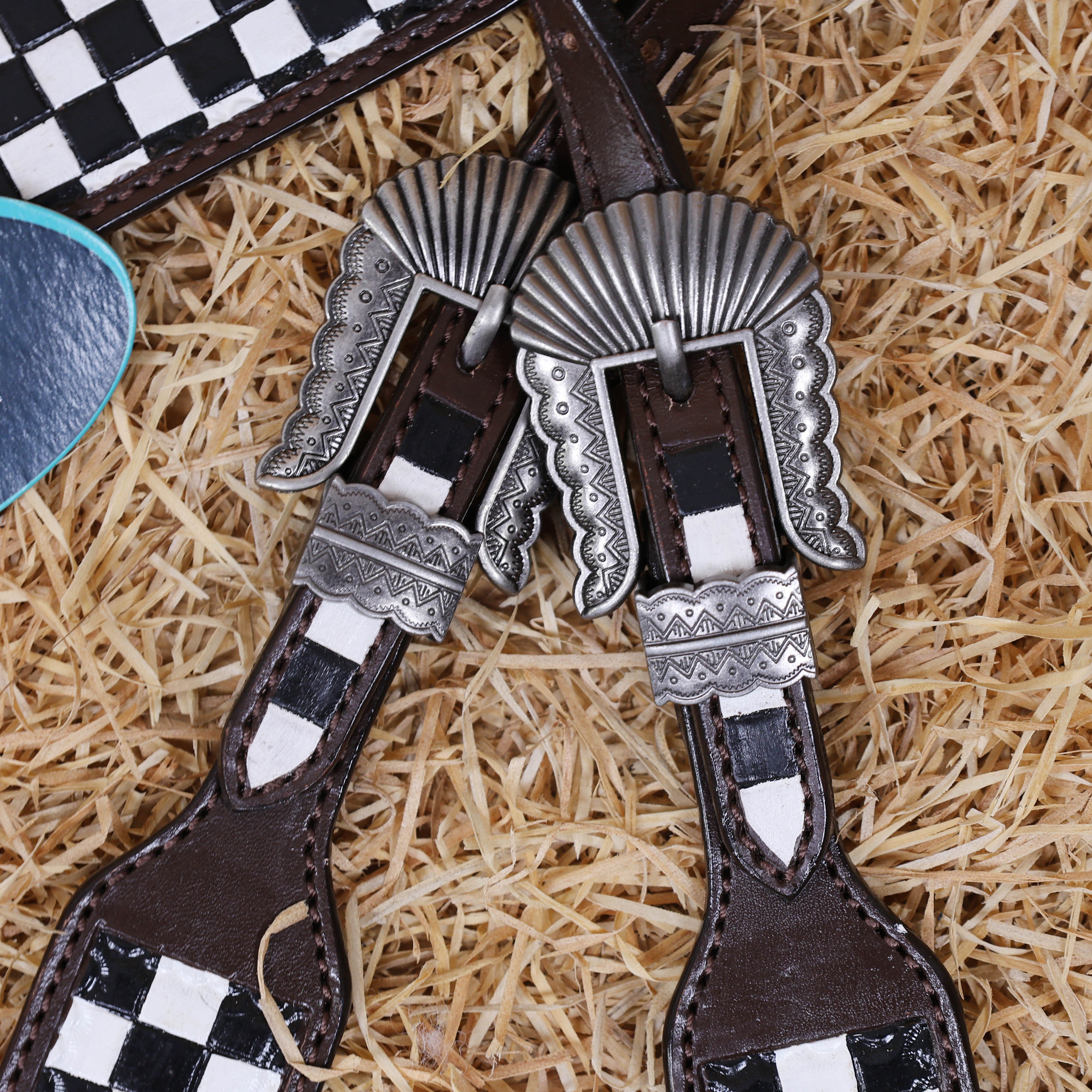 MOUSM One Ear Headstall and Breast Collar Set – Made from Argentina Cow Leather Decorated with Hand-Tooled Checkered Pattern with Painted Playing Card Symbols and Antique Nickel Hardware