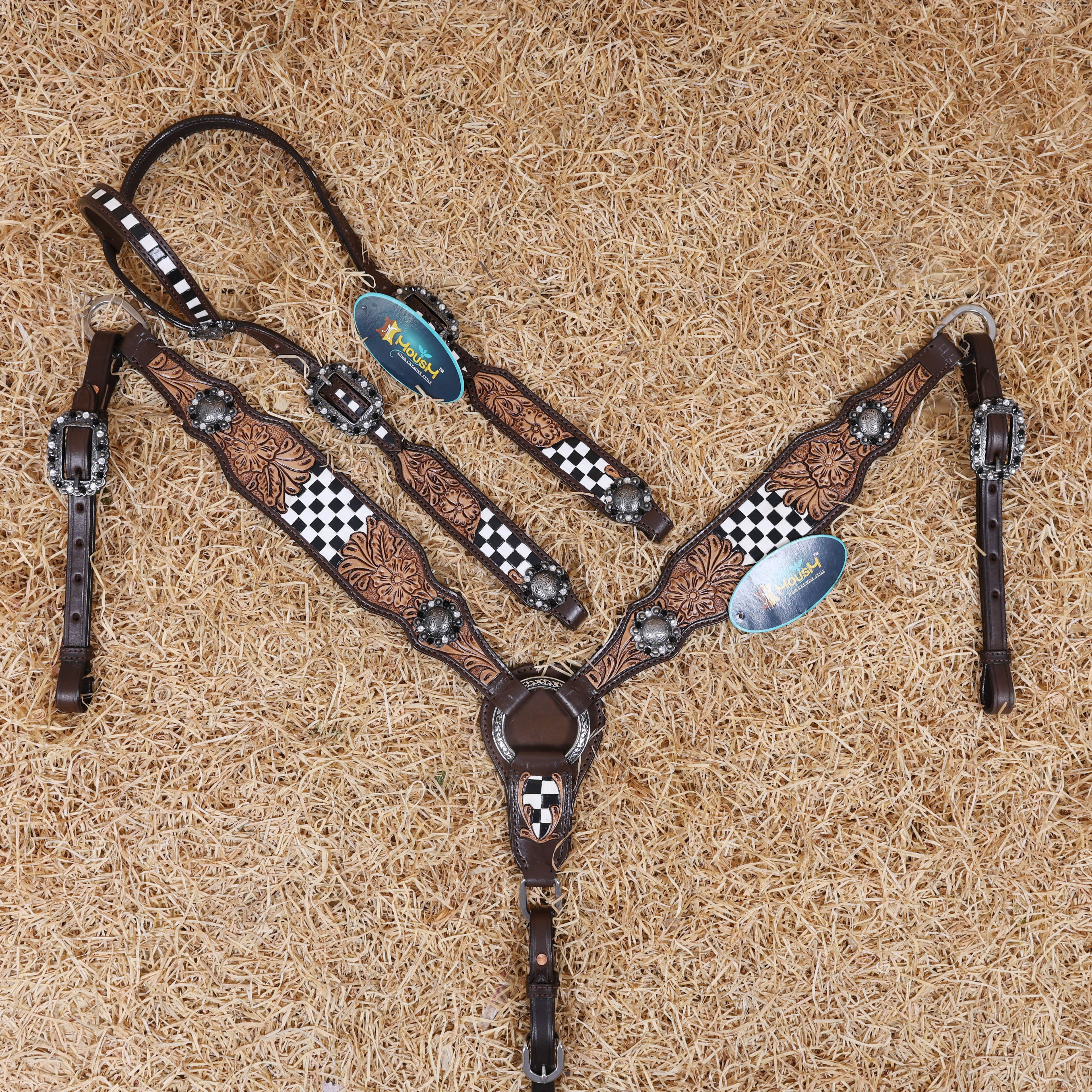 MOUSM Western Horse Headstall Set – Made from Genuine Argentina Cowhide with Hand-Tooled Checkered Pattern and Floral Motifs on Tan Leather, Shining Berry Conchos, and Antique Nickel Hardware