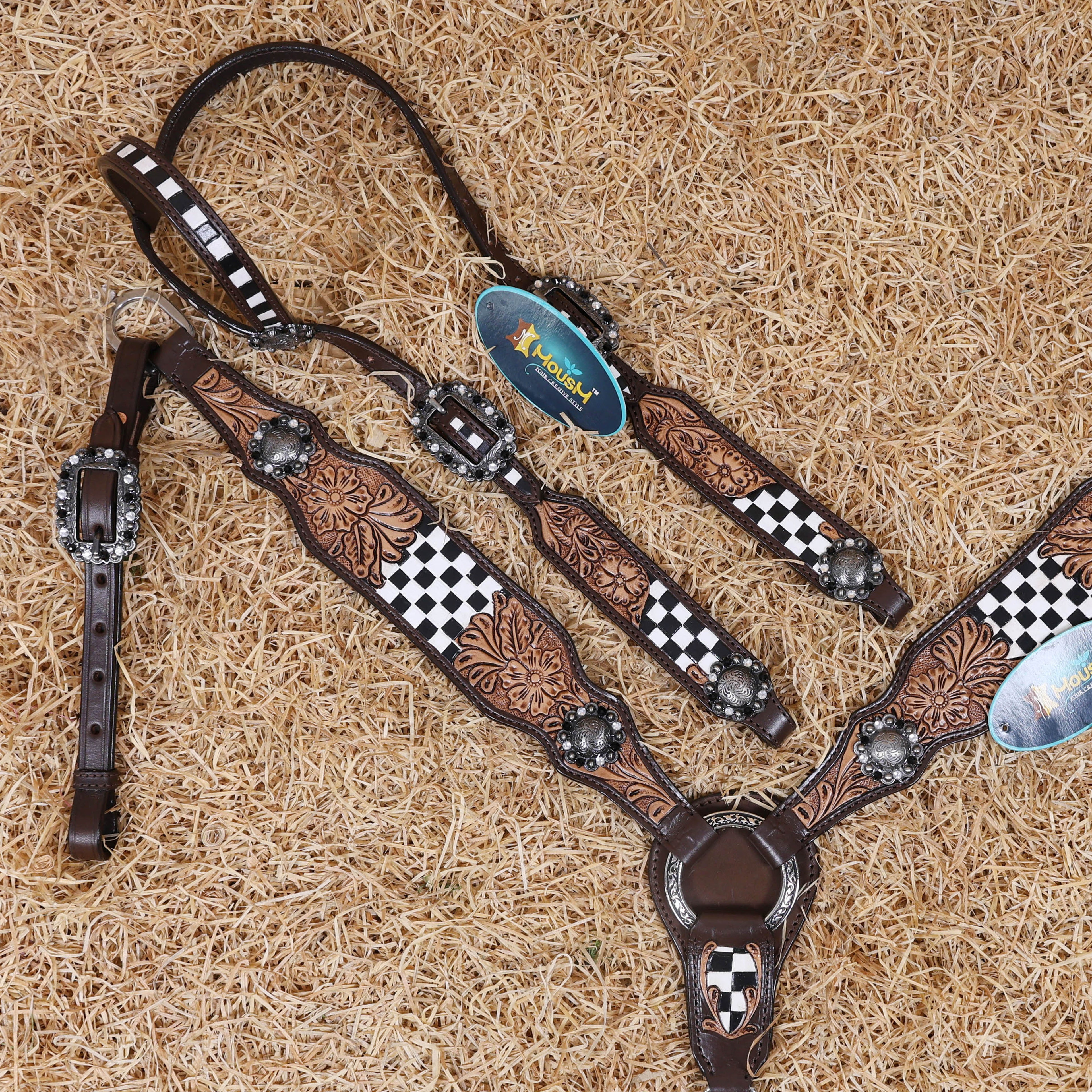 MOUSM Western Horse Headstall Set – Made from Genuine Argentina Cowhide with Hand-Tooled Checkered Pattern and Floral Motifs on Tan Leather, Shining Berry Conchos, and Antique Nickel Hardware
