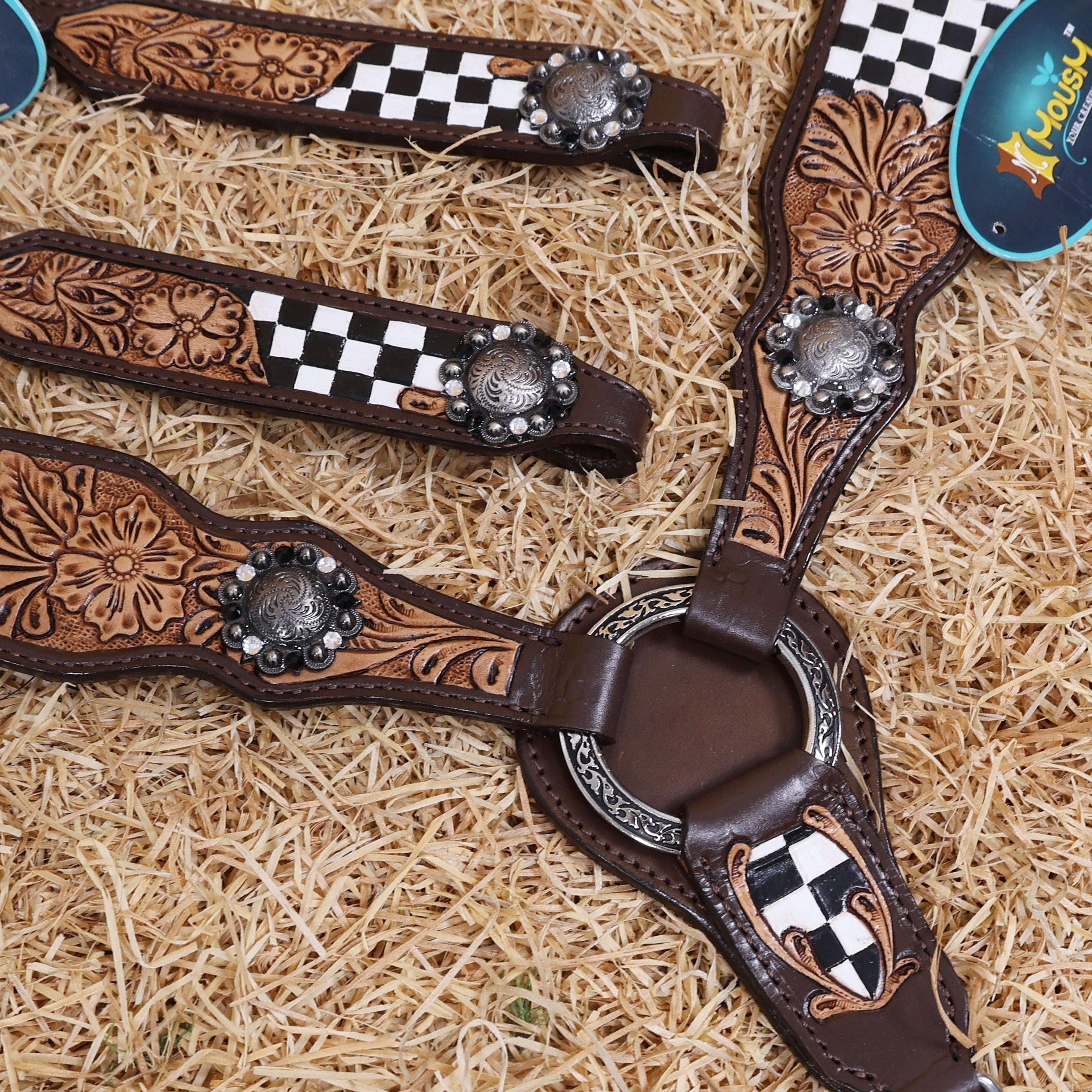 MOUSM Western Horse Headstall Set – Made from Genuine Argentina Cowhide with Hand-Tooled Checkered Pattern and Floral Motifs on Tan Leather, Shining Berry Conchos, and Antique Nickel Hardware