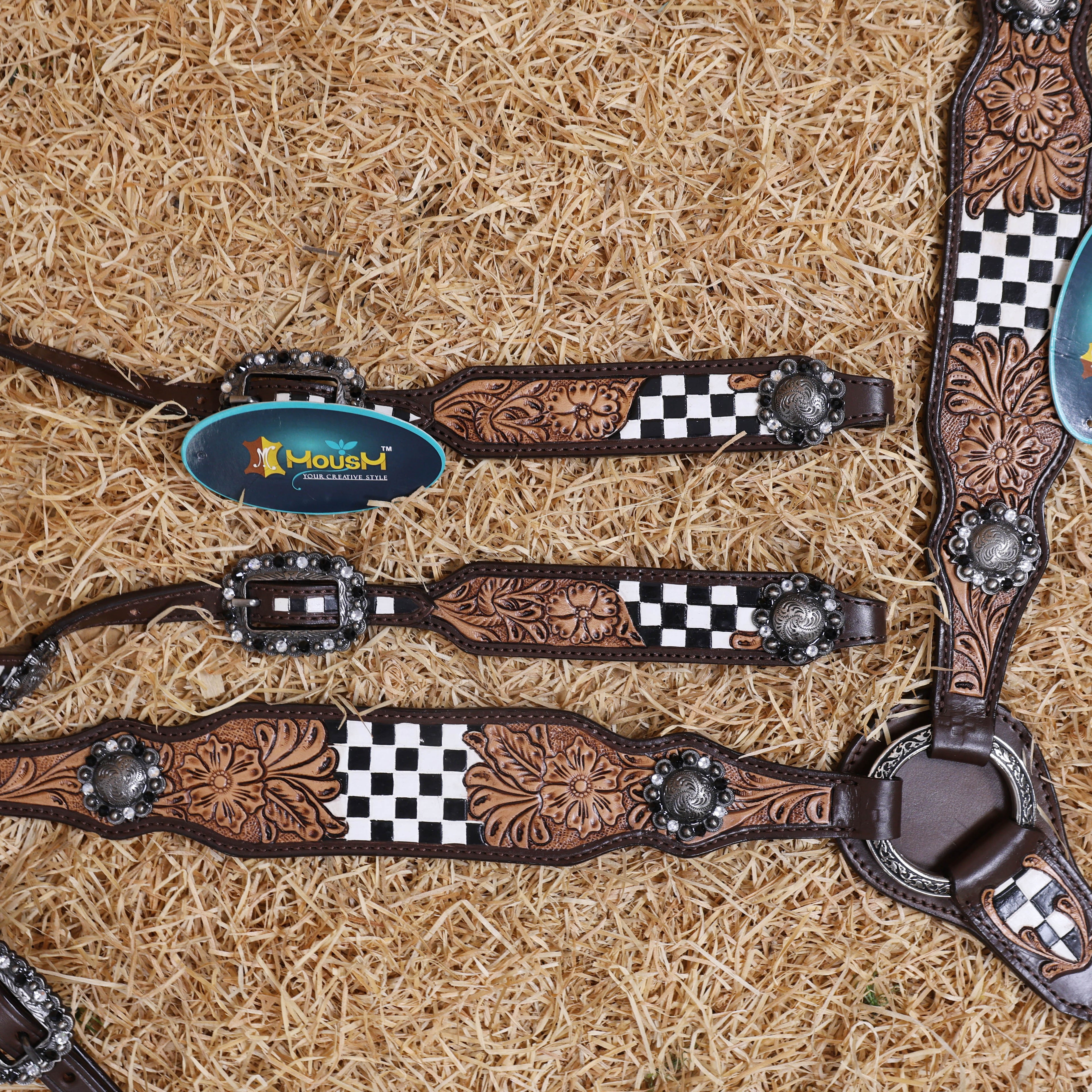 MOUSM Western Horse Headstall Set – Made from Genuine Argentina Cowhide with Hand-Tooled Checkered Pattern and Floral Motifs on Tan Leather, Shining Berry Conchos, and Antique Nickel Hardware