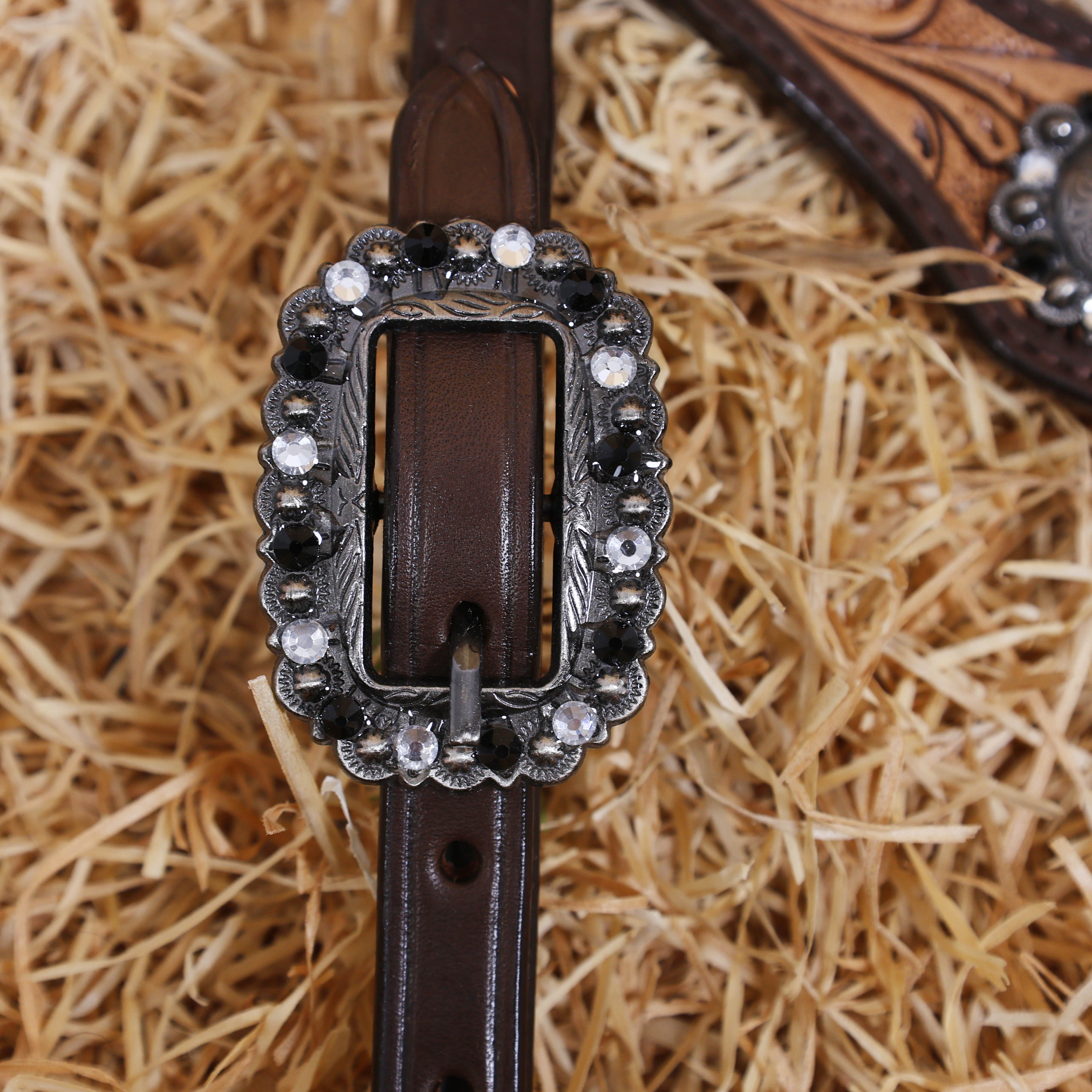 MOUSM Western Horse Headstall Set – Made from Genuine Argentina Cowhide with Hand-Tooled Checkered Pattern and Floral Motifs on Tan Leather, Shining Berry Conchos, and Antique Nickel Hardware