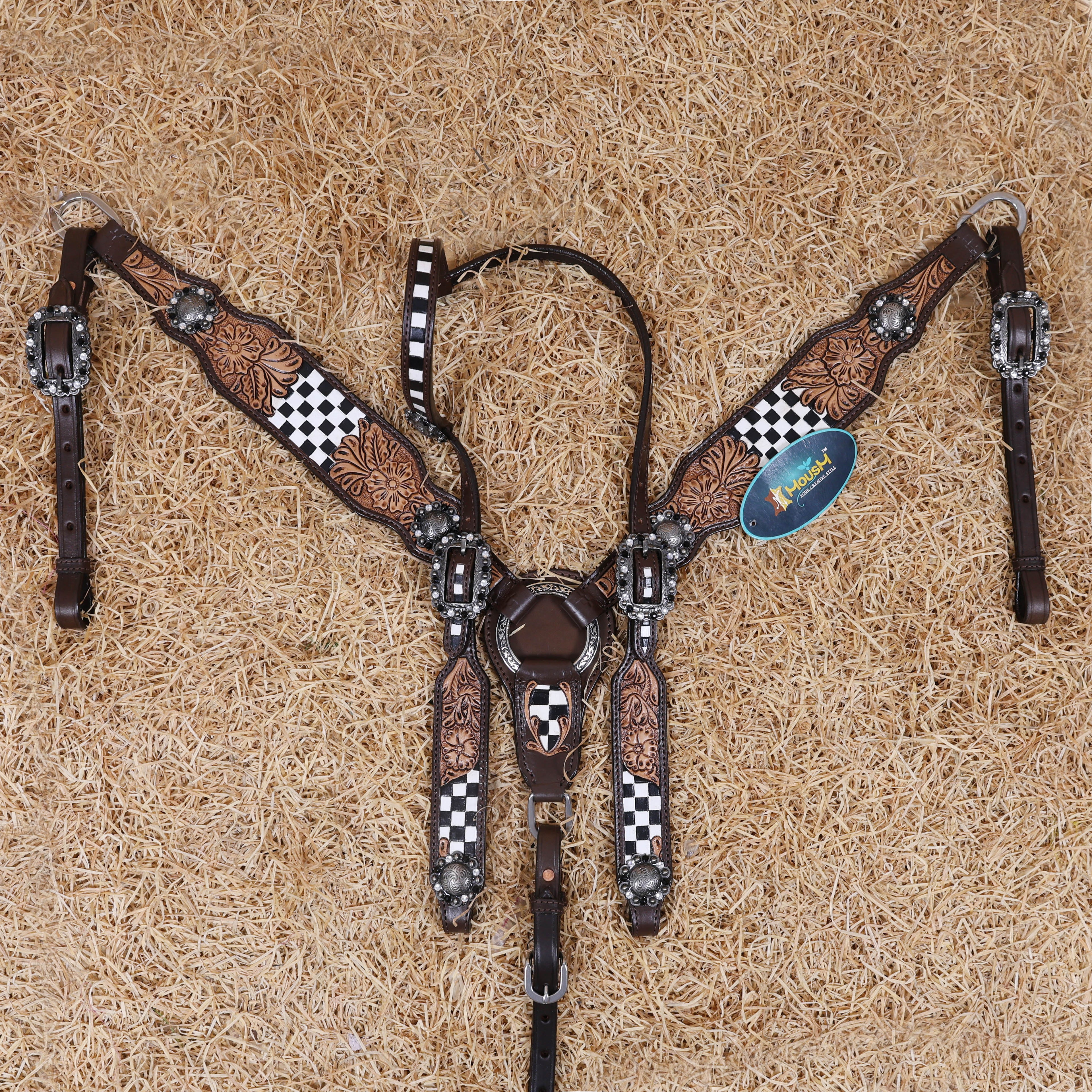 MOUSM Western Horse Headstall Set – Made from Genuine Argentina Cowhide with Hand-Tooled Checkered Pattern and Floral Motifs on Tan Leather, Shining Berry Conchos, and Antique Nickel Hardware