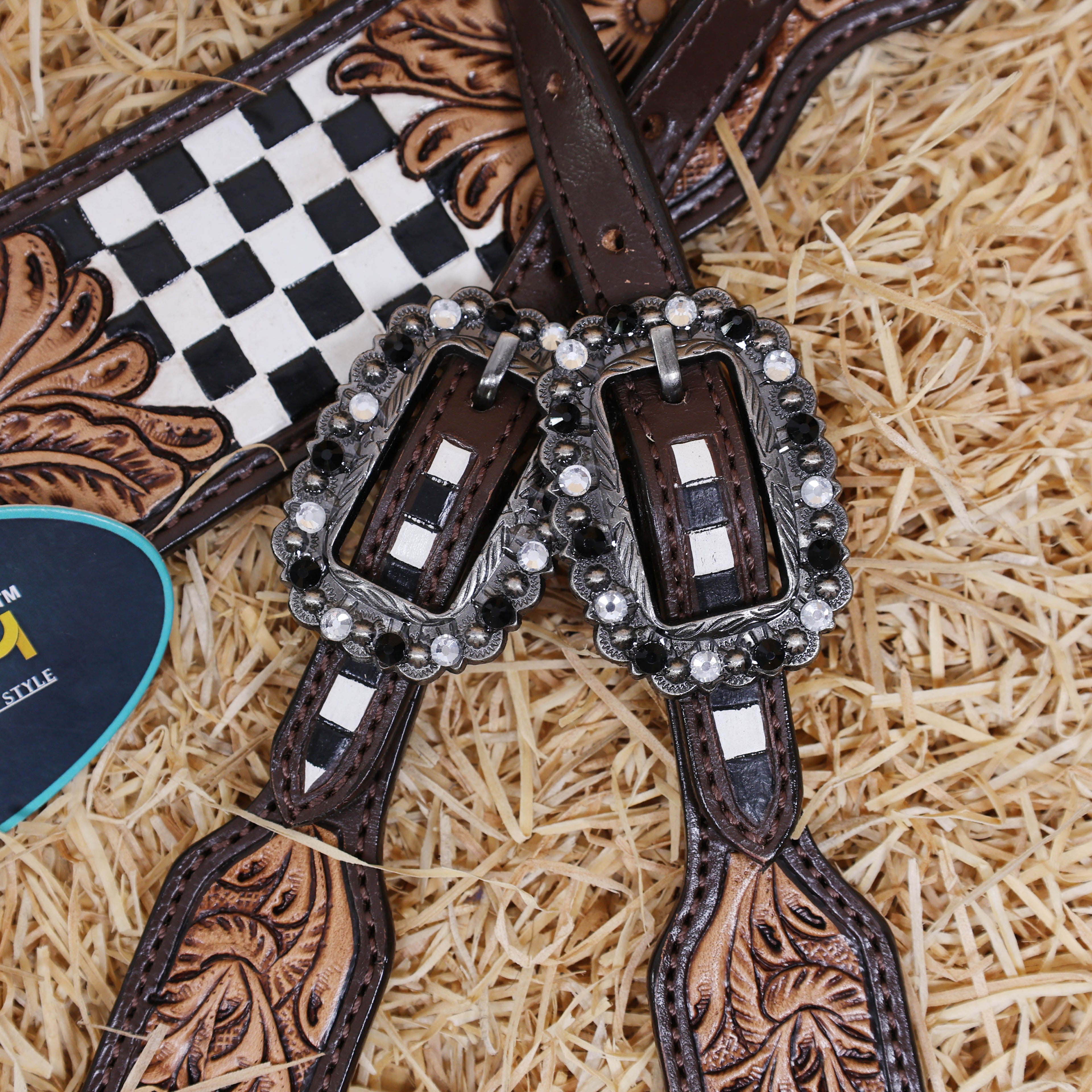 MOUSM Western Horse Headstall Set – Made from Genuine Argentina Cowhide with Hand-Tooled Checkered Pattern and Floral Motifs on Tan Leather, Shining Berry Conchos, and Antique Nickel Hardware