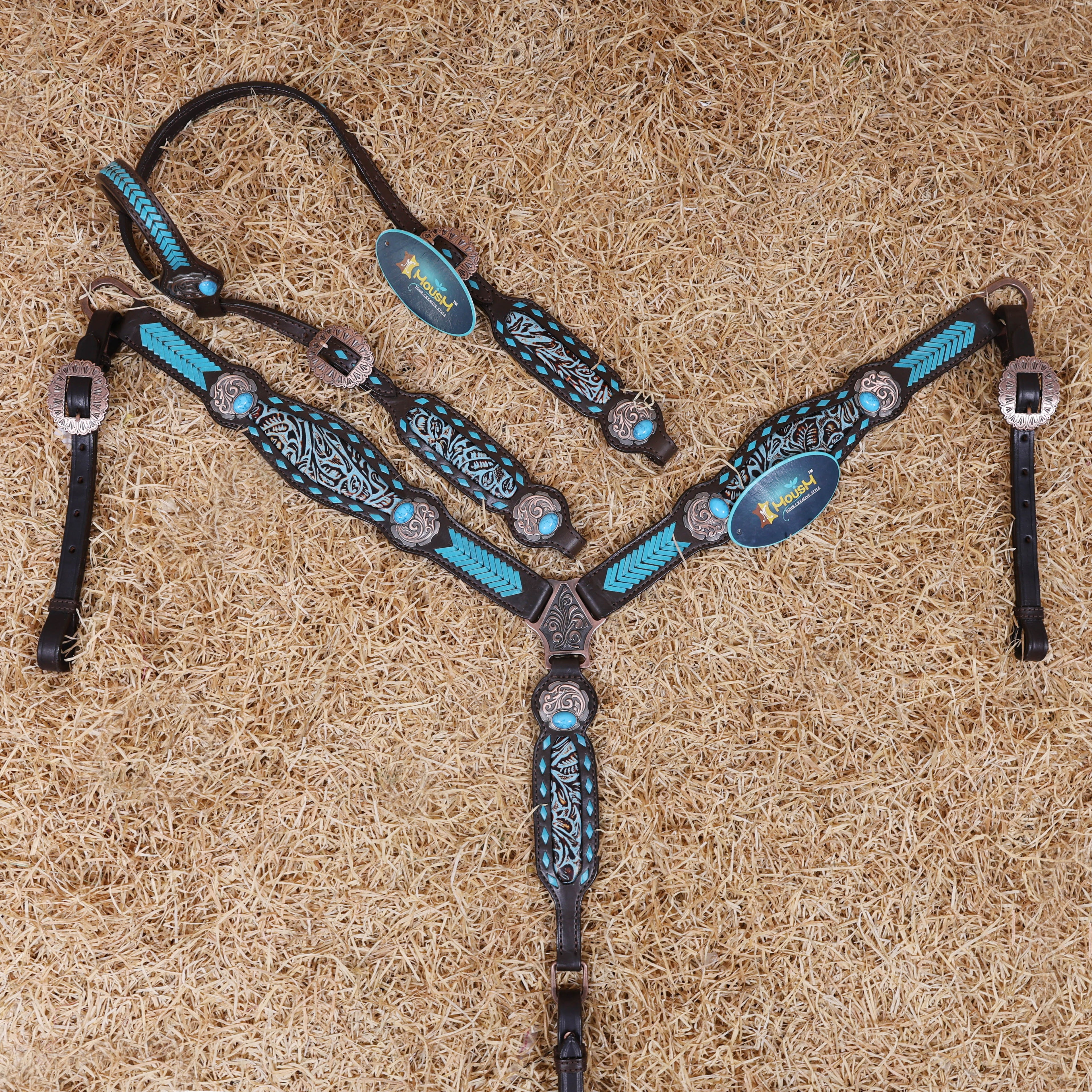 MOUSM Western Headstall and Breast Collar Set - Made from Argentina Cow Leather Decorated with Turquoise Rawhide Arrow Barding and Flower Printing Inlay, Antique Copper Conchos with Big Turquoise Stone