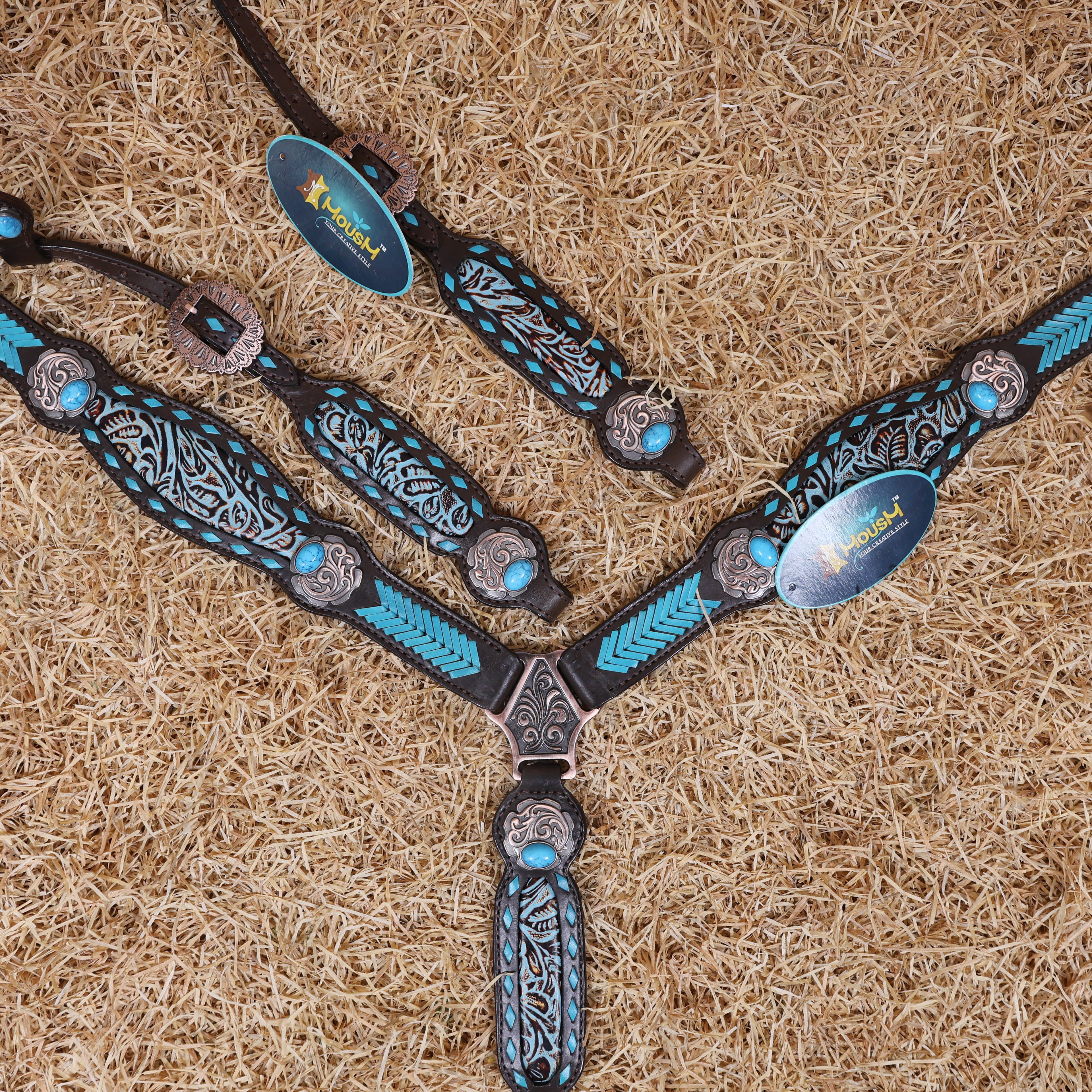 MOUSM Western Headstall and Breast Collar Set - Made from Argentina Cow Leather Decorated with Turquoise Rawhide Arrow Barding and Flower Printing Inlay, Antique Copper Conchos with Big Turquoise Stone