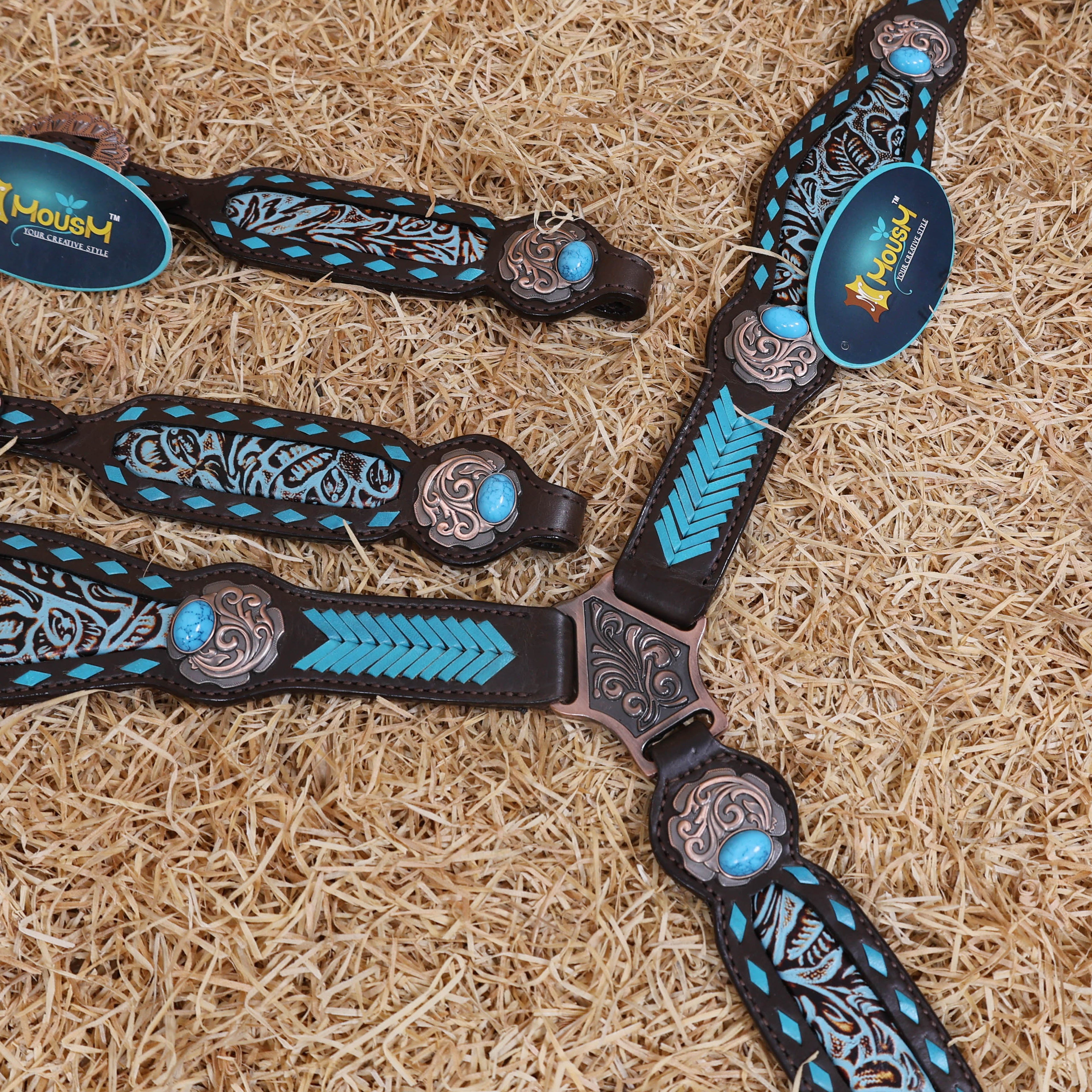 MOUSM Western Headstall and Breast Collar Set - Made from Argentina Cow Leather Decorated with Turquoise Rawhide Arrow Barding and Flower Printing Inlay, Antique Copper Conchos with Big Turquoise Stone