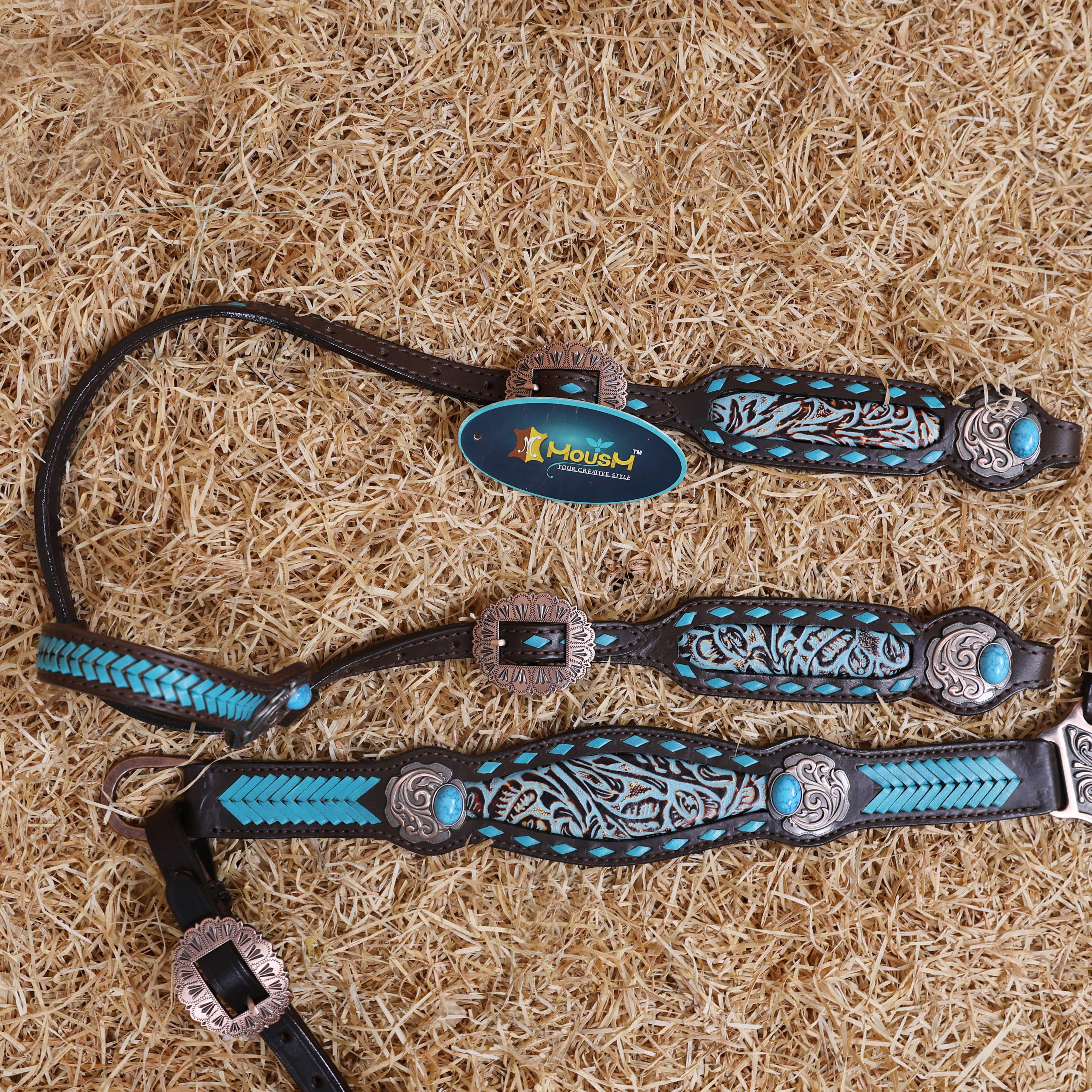 MOUSM Western Headstall and Breast Collar Set - Made from Argentina Cow Leather Decorated with Turquoise Rawhide Arrow Barding and Flower Printing Inlay, Antique Copper Conchos with Big Turquoise Stone