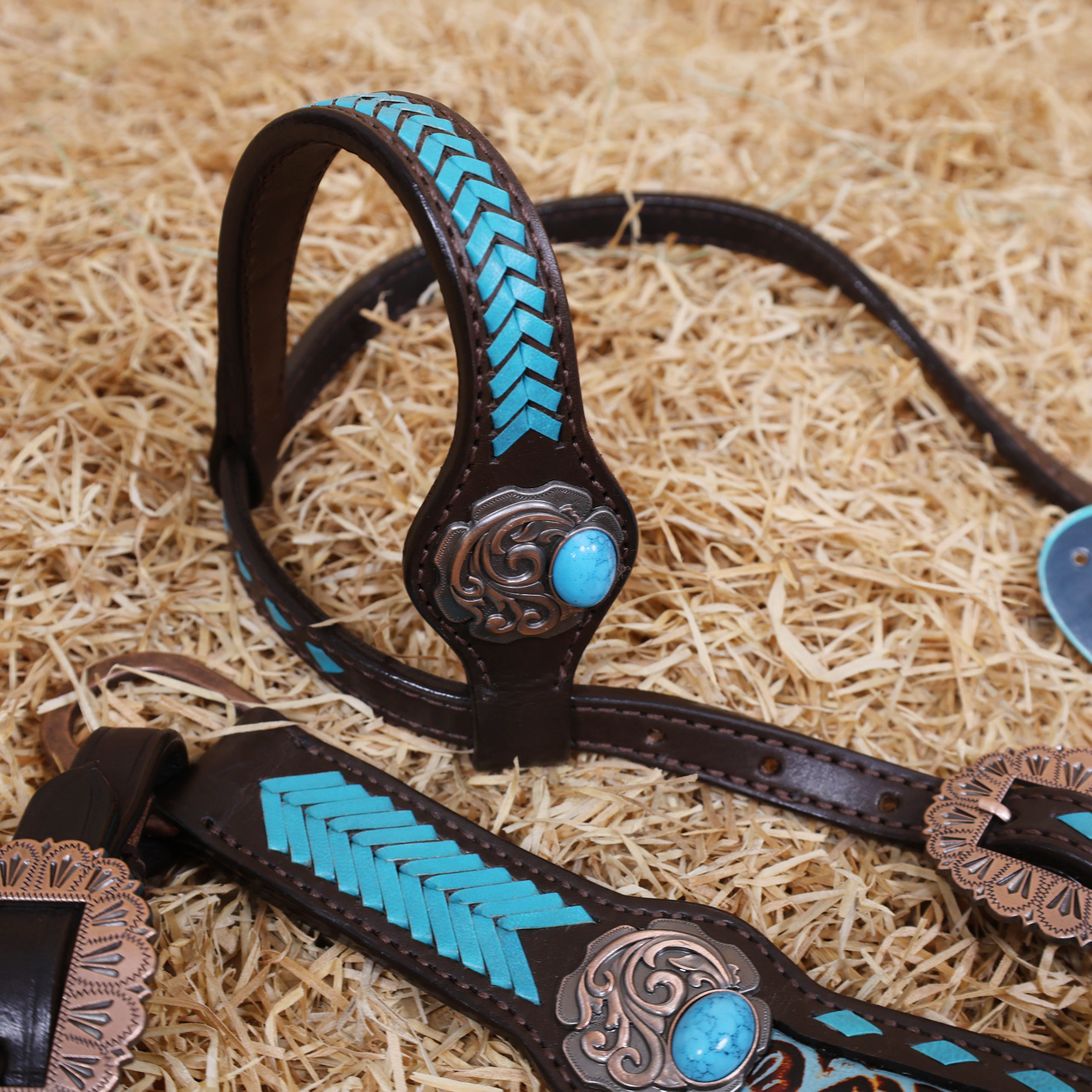MOUSM Western Headstall and Breast Collar Set - Made from Argentina Cow Leather Decorated with Turquoise Rawhide Arrow Barding and Flower Printing Inlay, Antique Copper Conchos with Big Turquoise Stone