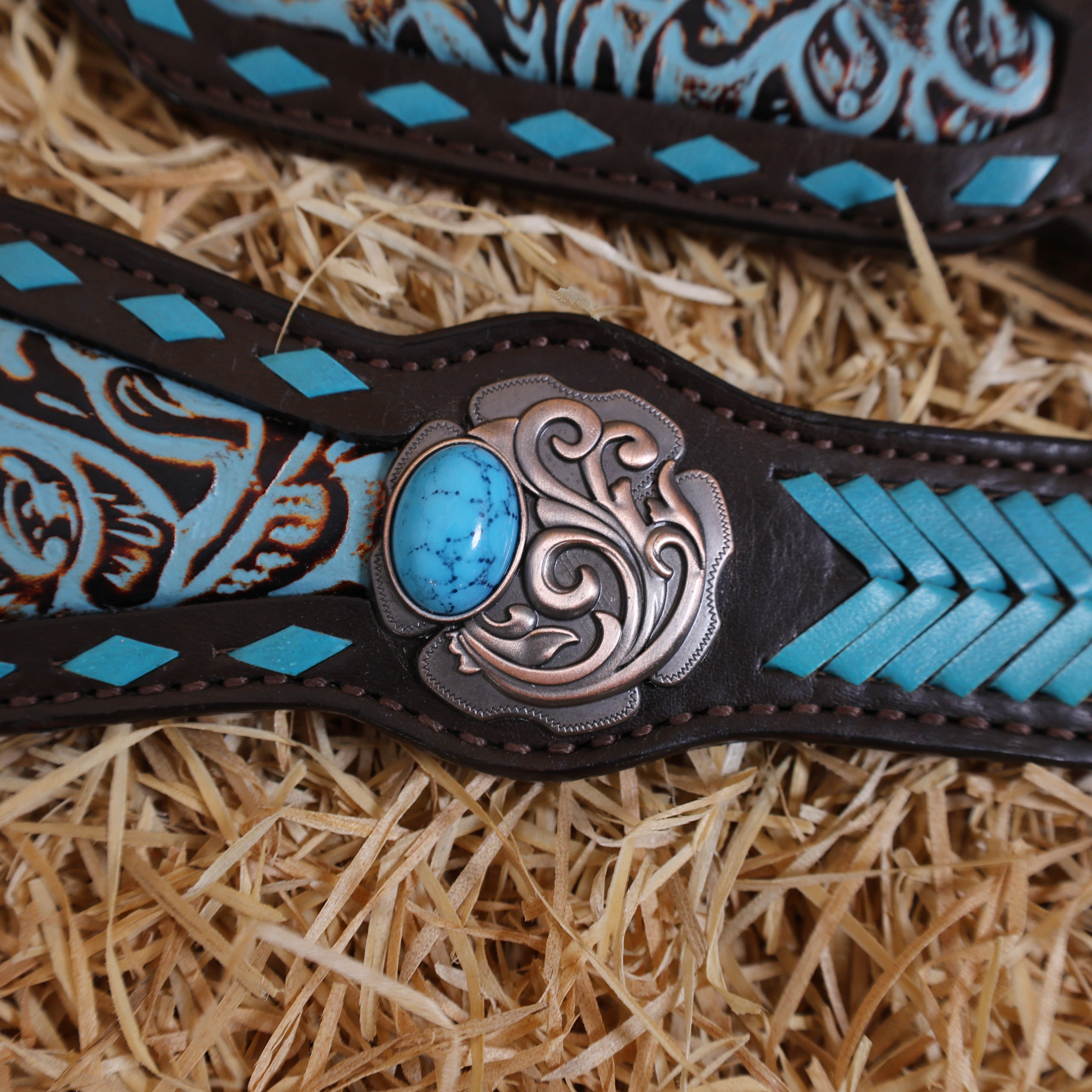 MOUSM Western Headstall and Breast Collar Set - Made from Argentina Cow Leather Decorated with Turquoise Rawhide Arrow Barding and Flower Printing Inlay, Antique Copper Conchos with Big Turquoise Stone