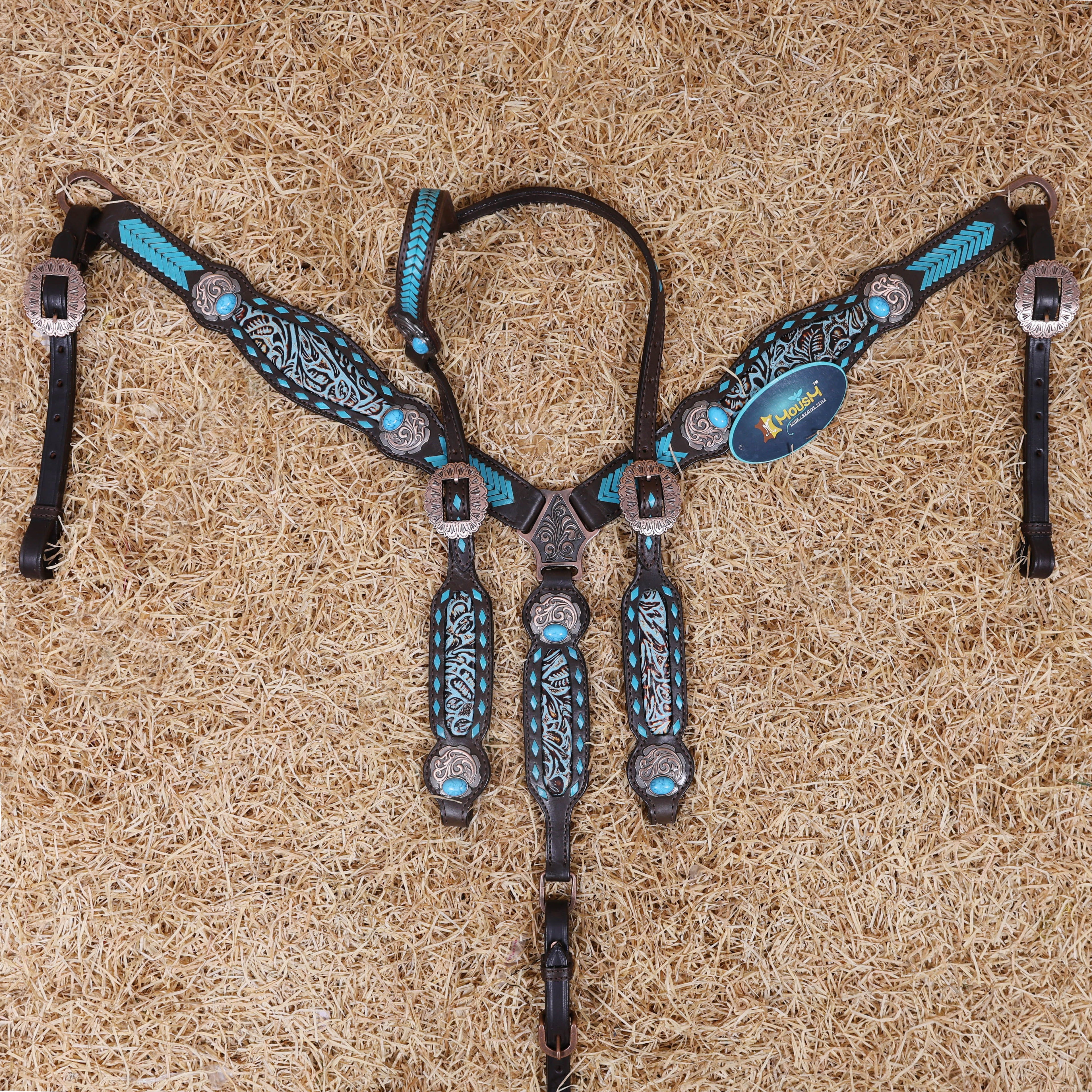 MOUSM Western Headstall and Breast Collar Set - Made from Argentina Cow Leather Decorated with Turquoise Rawhide Arrow Barding and Flower Printing Inlay, Antique Copper Conchos with Big Turquoise Stone
