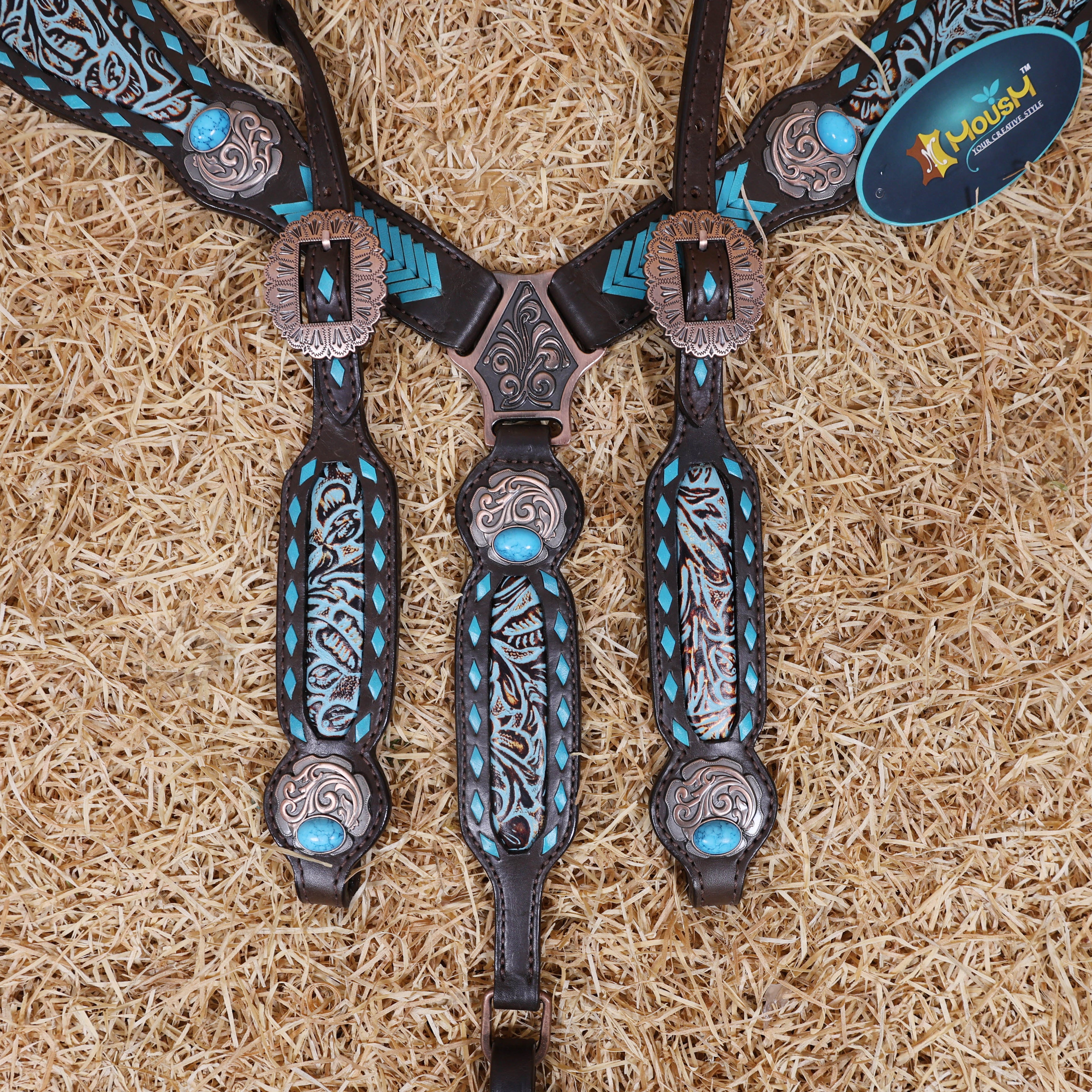 MOUSM Western Headstall and Breast Collar Set - Made from Argentina Cow Leather Decorated with Turquoise Rawhide Arrow Barding and Flower Printing Inlay, Antique Copper Conchos with Big Turquoise Stone