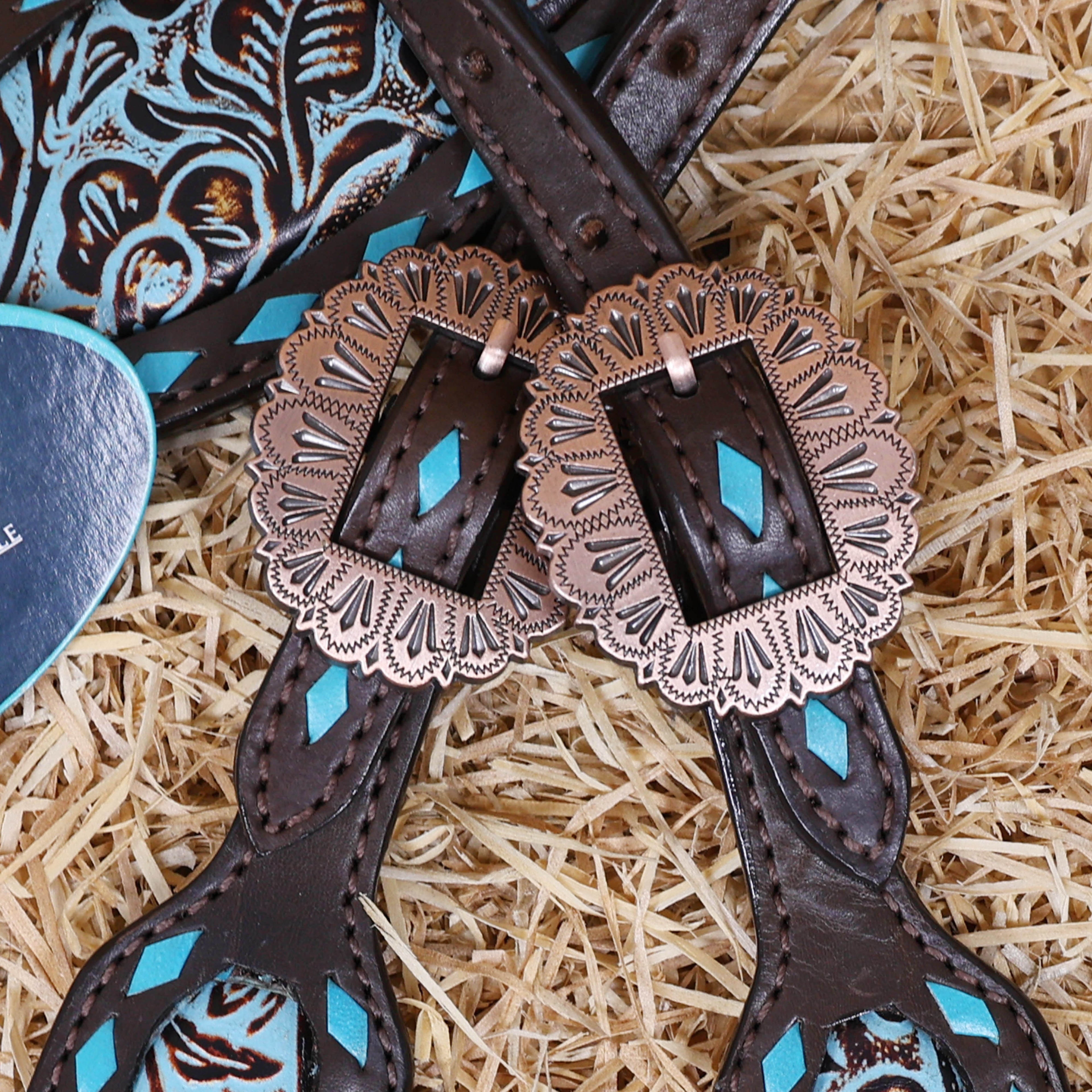 MOUSM Western Headstall and Breast Collar Set - Made from Argentina Cow Leather Decorated with Turquoise Rawhide Arrow Barding and Flower Printing Inlay, Antique Copper Conchos with Big Turquoise Stone