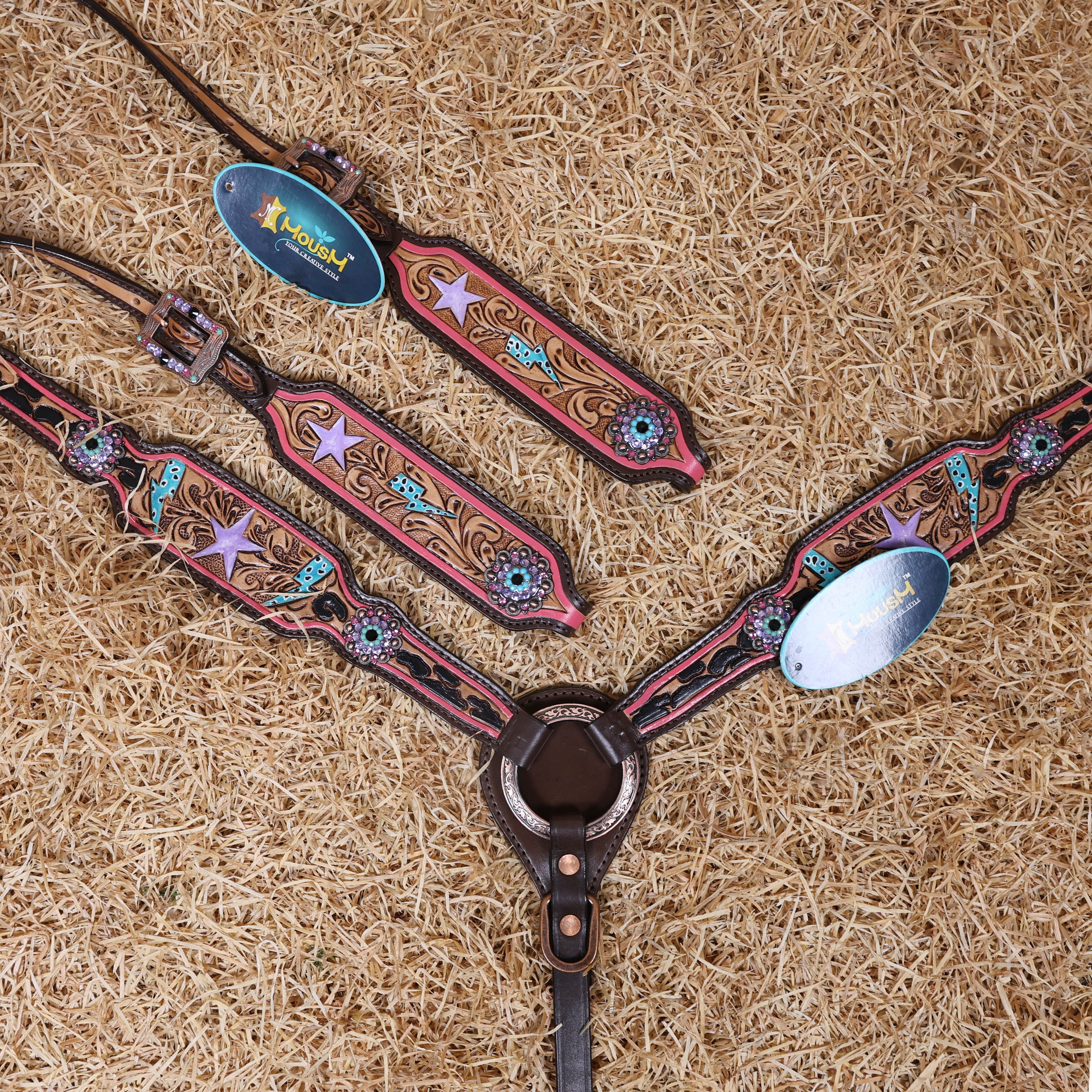 MOUSM Western Horse Headstall Set - Handcrafted with Genuine Argentina Leather Decorated with Leopard, Star and Thunder Carved Design and Shining Berry Rhinestones Conchos on Breast Collar and Cheekpiece