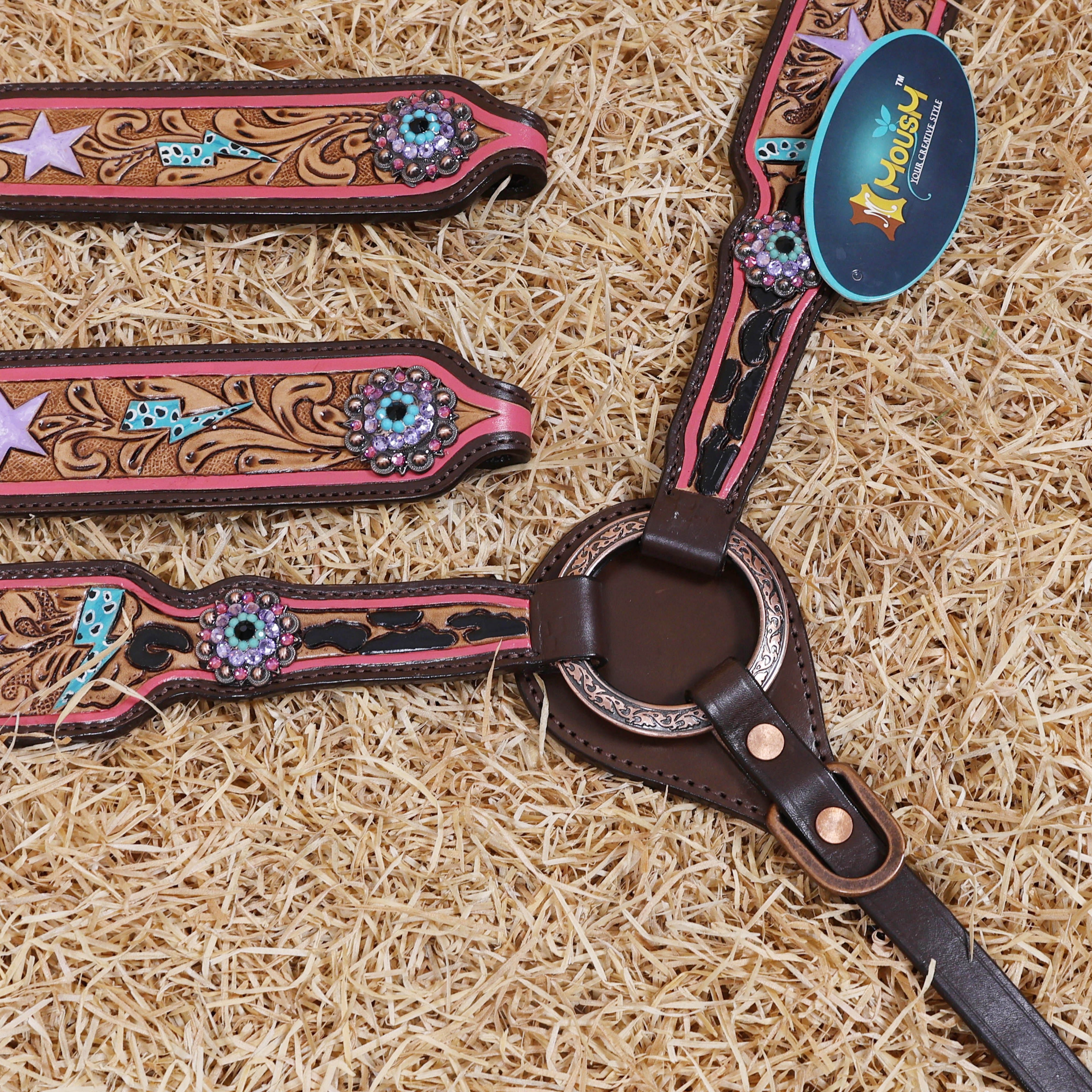 MOUSM Western Horse Headstall Set - Handcrafted with Genuine Argentina Leather Decorated with Leopard, Star and Thunder Carved Design and Shining Berry Rhinestones Conchos on Breast Collar and Cheekpiece