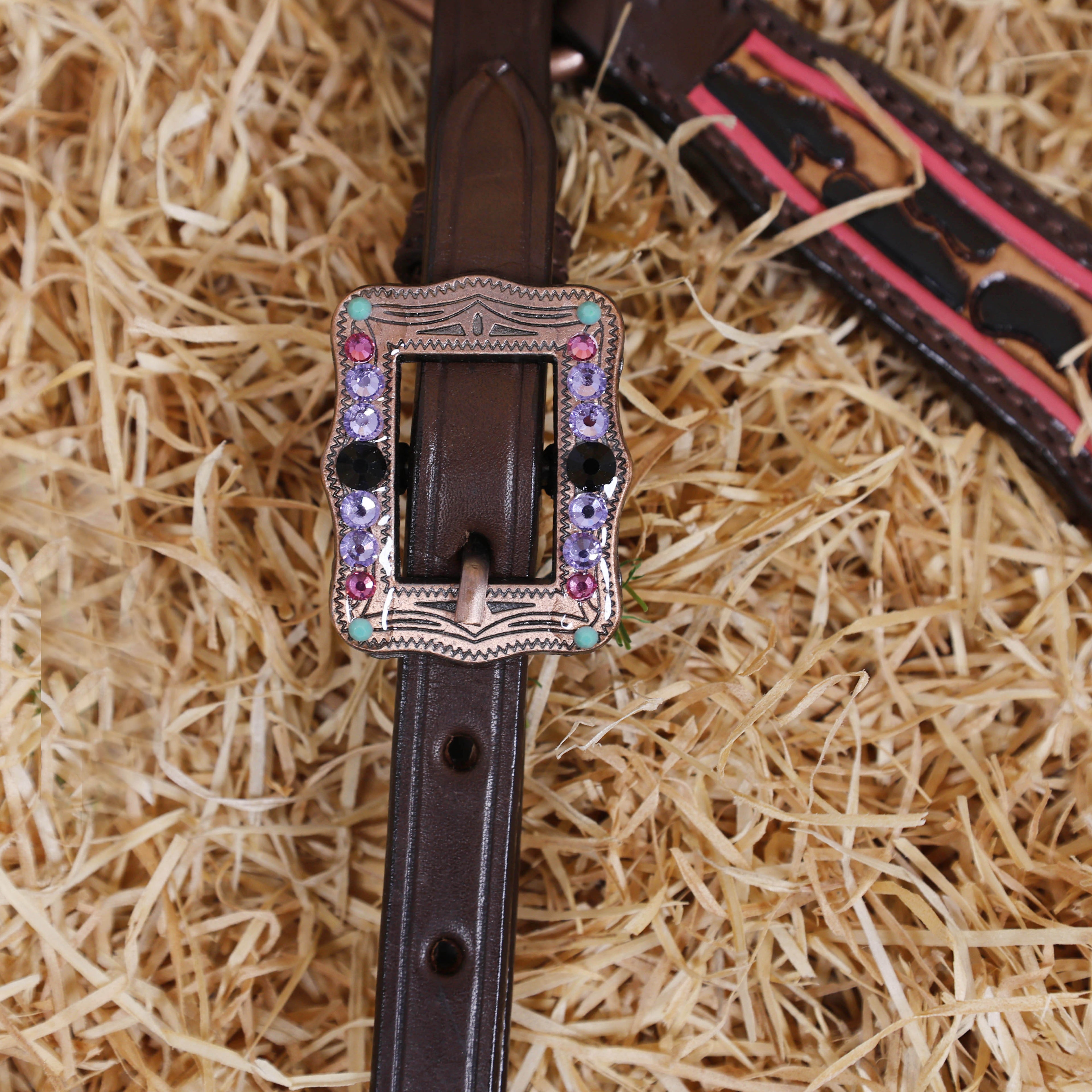 MOUSM Western Horse Headstall Set - Handcrafted with Genuine Argentina Leather Decorated with Leopard, Star and Thunder Carved Design and Shining Berry Rhinestones Conchos on Breast Collar and Cheekpiece
