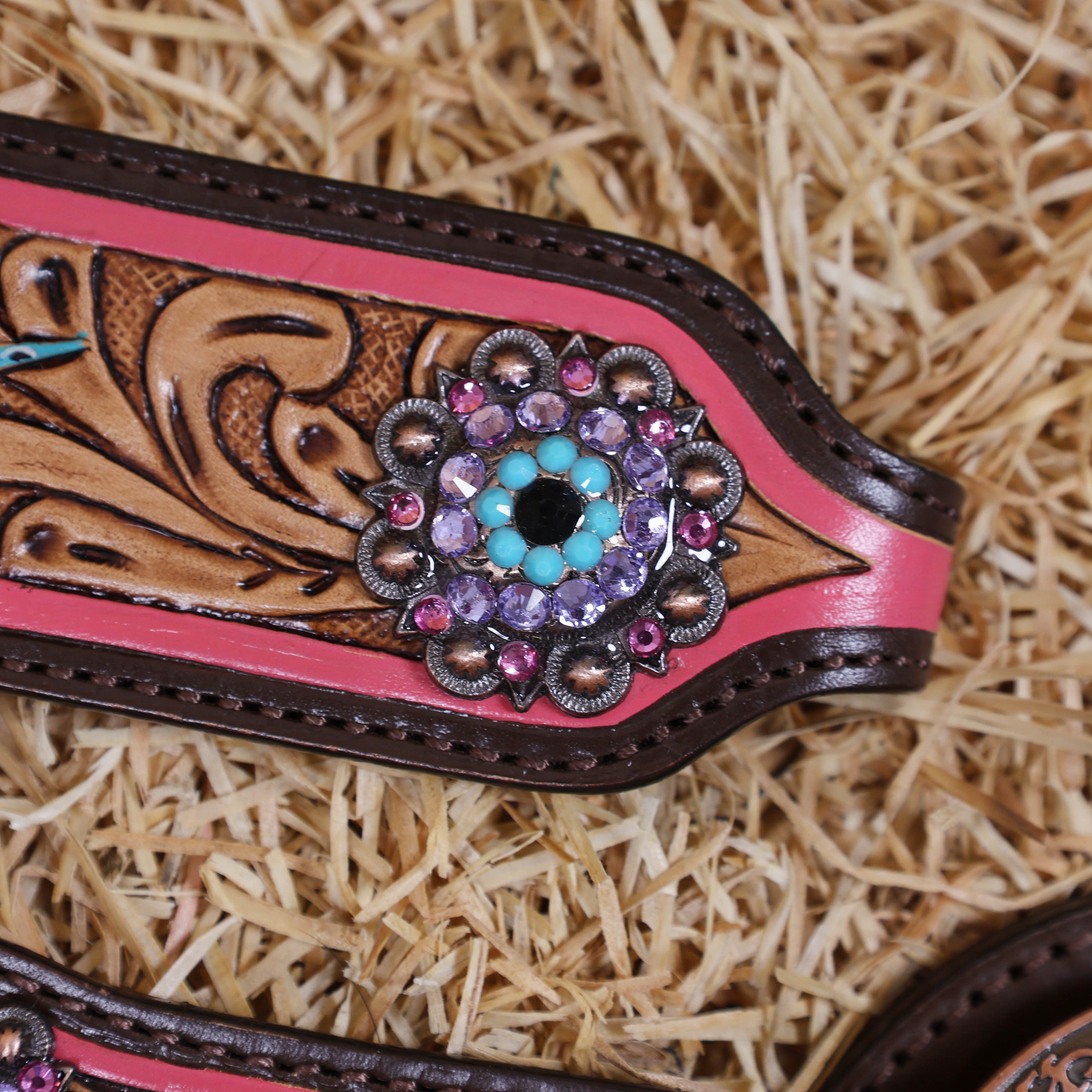MOUSM Western Horse Headstall Set - Handcrafted with Genuine Argentina Leather Decorated with Leopard, Star and Thunder Carved Design and Shining Berry Rhinestones Conchos on Breast Collar and Cheekpiece