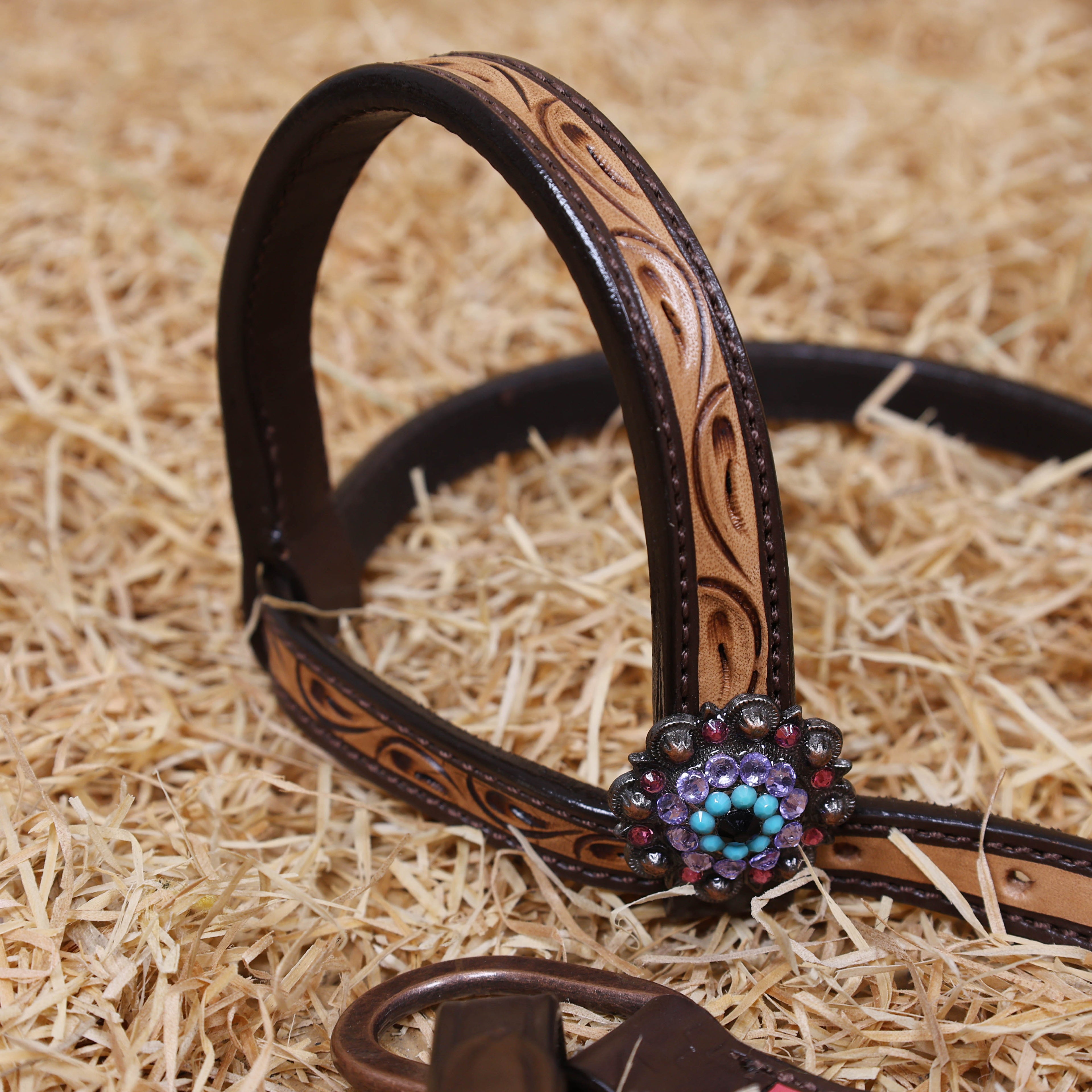 MOUSM Western Horse Headstall Set - Handcrafted with Genuine Argentina Leather Decorated with Leopard, Star and Thunder Carved Design and Shining Berry Rhinestones Conchos on Breast Collar and Cheekpiece