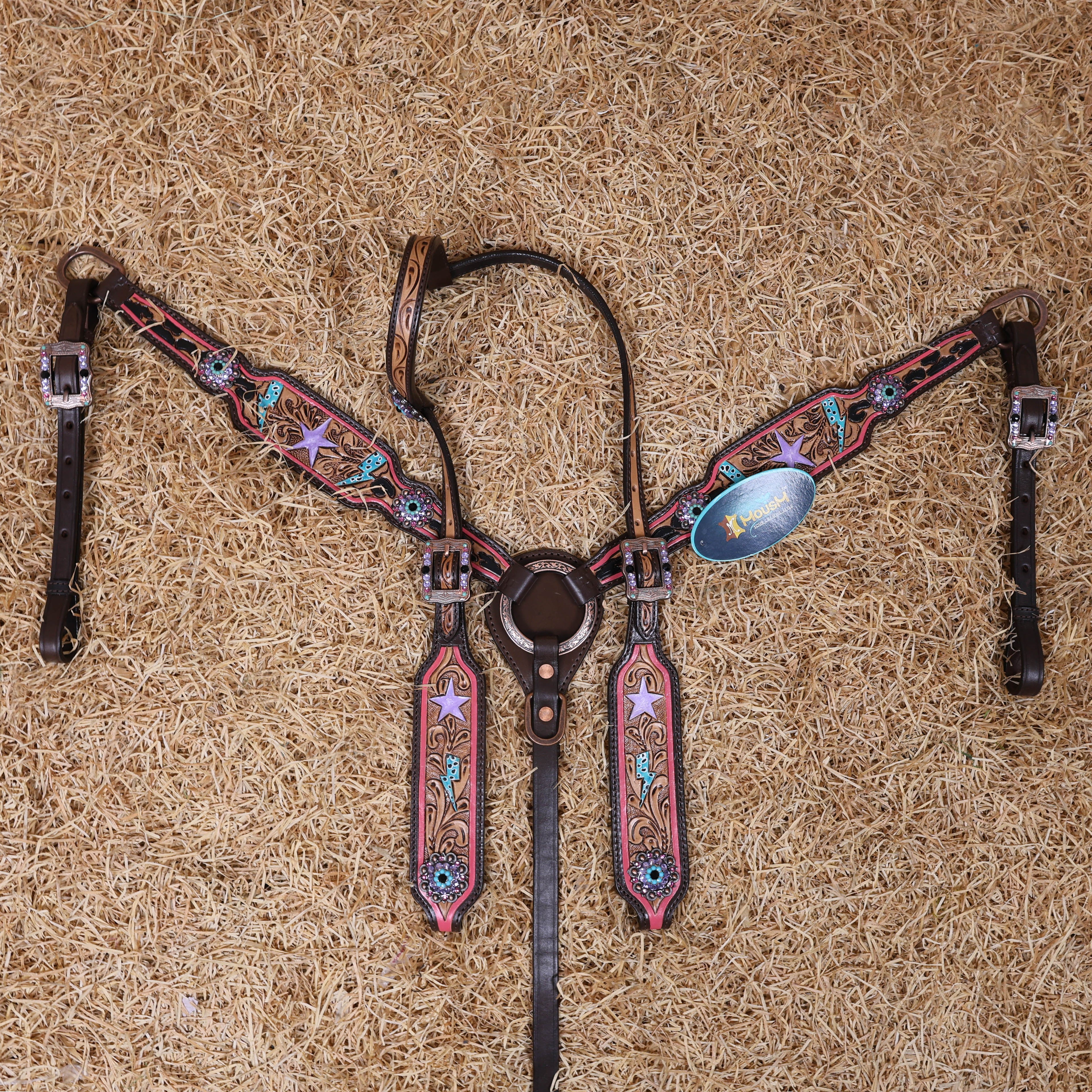 MOUSM Western Horse Headstall Set - Handcrafted with Genuine Argentina Leather Decorated with Leopard, Star and Thunder Carved Design and Shining Berry Rhinestones Conchos on Breast Collar and Cheekpiece