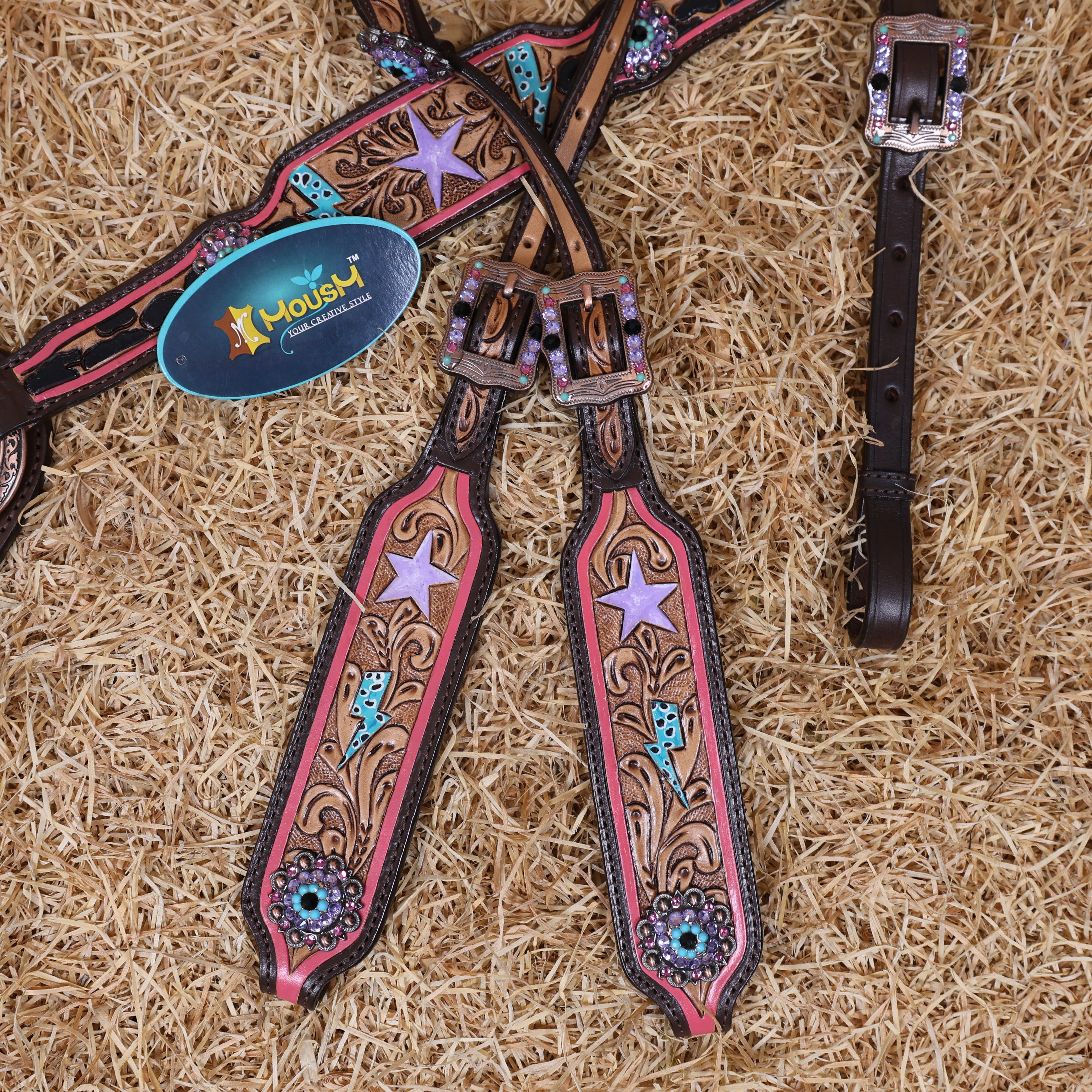 MOUSM Western Horse Headstall Set - Handcrafted with Genuine Argentina Leather Decorated with Leopard, Star and Thunder Carved Design and Shining Berry Rhinestones Conchos on Breast Collar and Cheekpiece