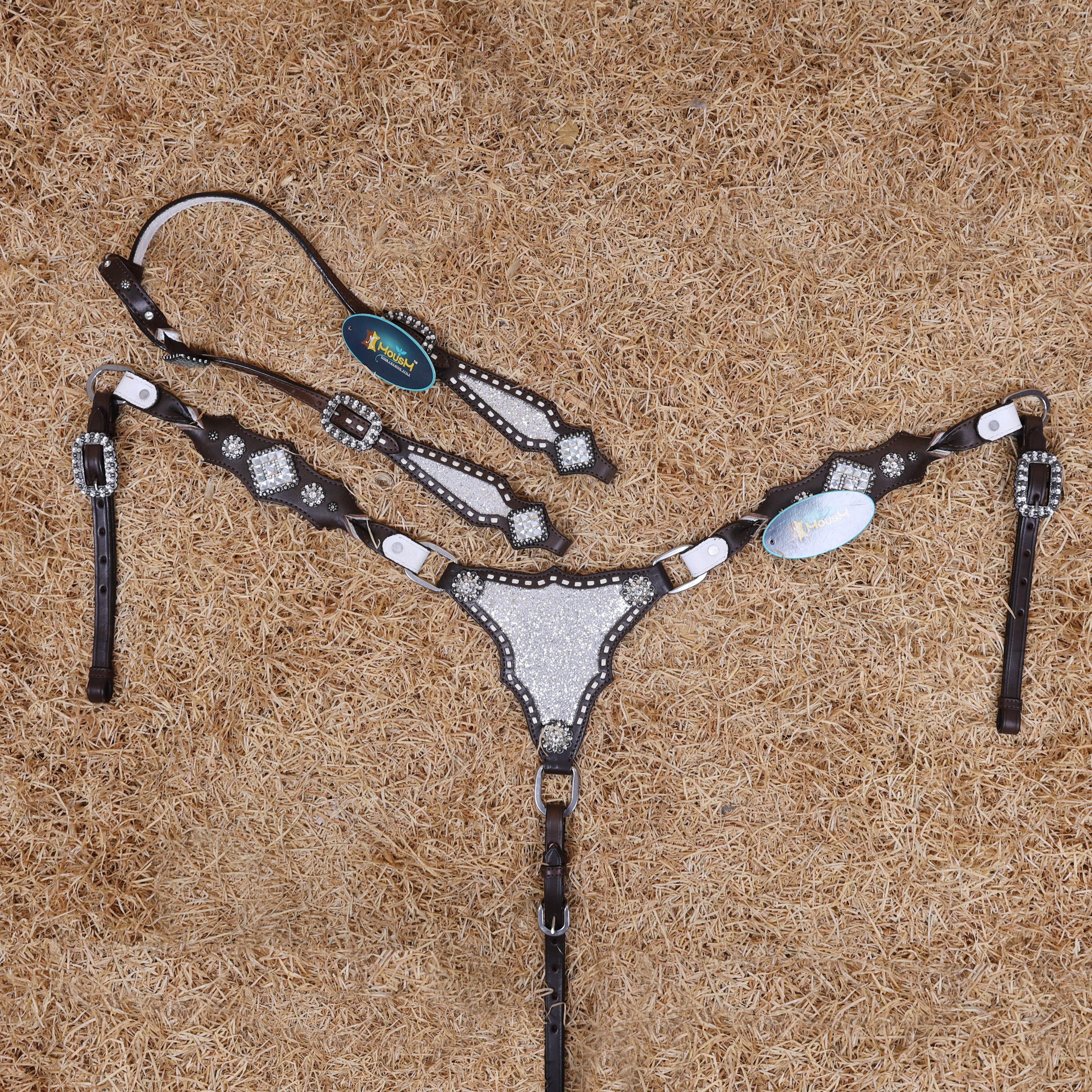MOUSM Western Horse Tack Set – Handcrafted from Genuine Argentina Cow Leather with Silver Glitter Inlay, Gladiator Breast Collar with Rhinestone Conchos, and One-Ear Headstall with Twisted Knot, Finished with Antique Copper Hardware